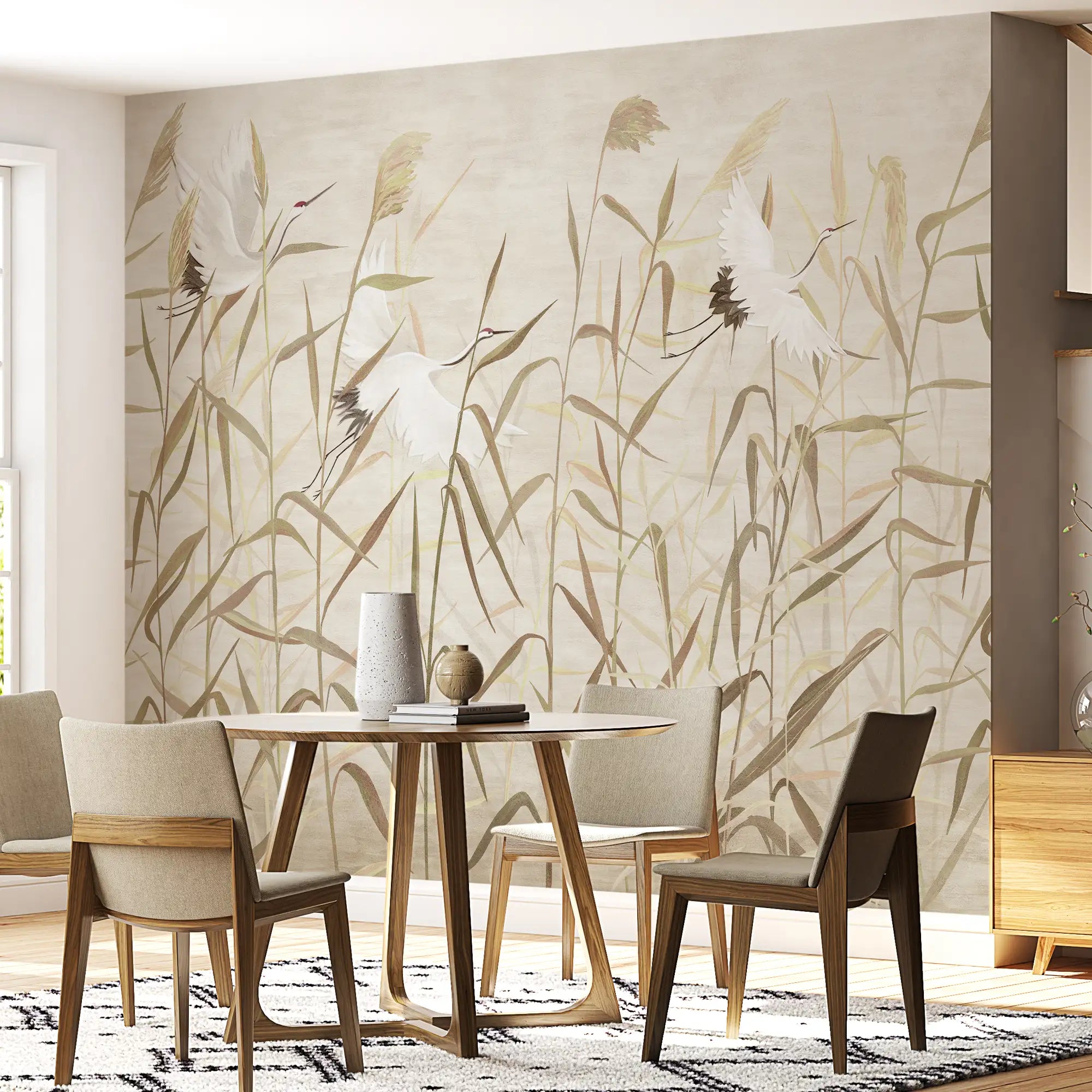 3211 / Modern Asian Art Removable Wallpaper | Nature Scene with Birds & Grass | Easy to Apply Wall Mural for Home - Artevella