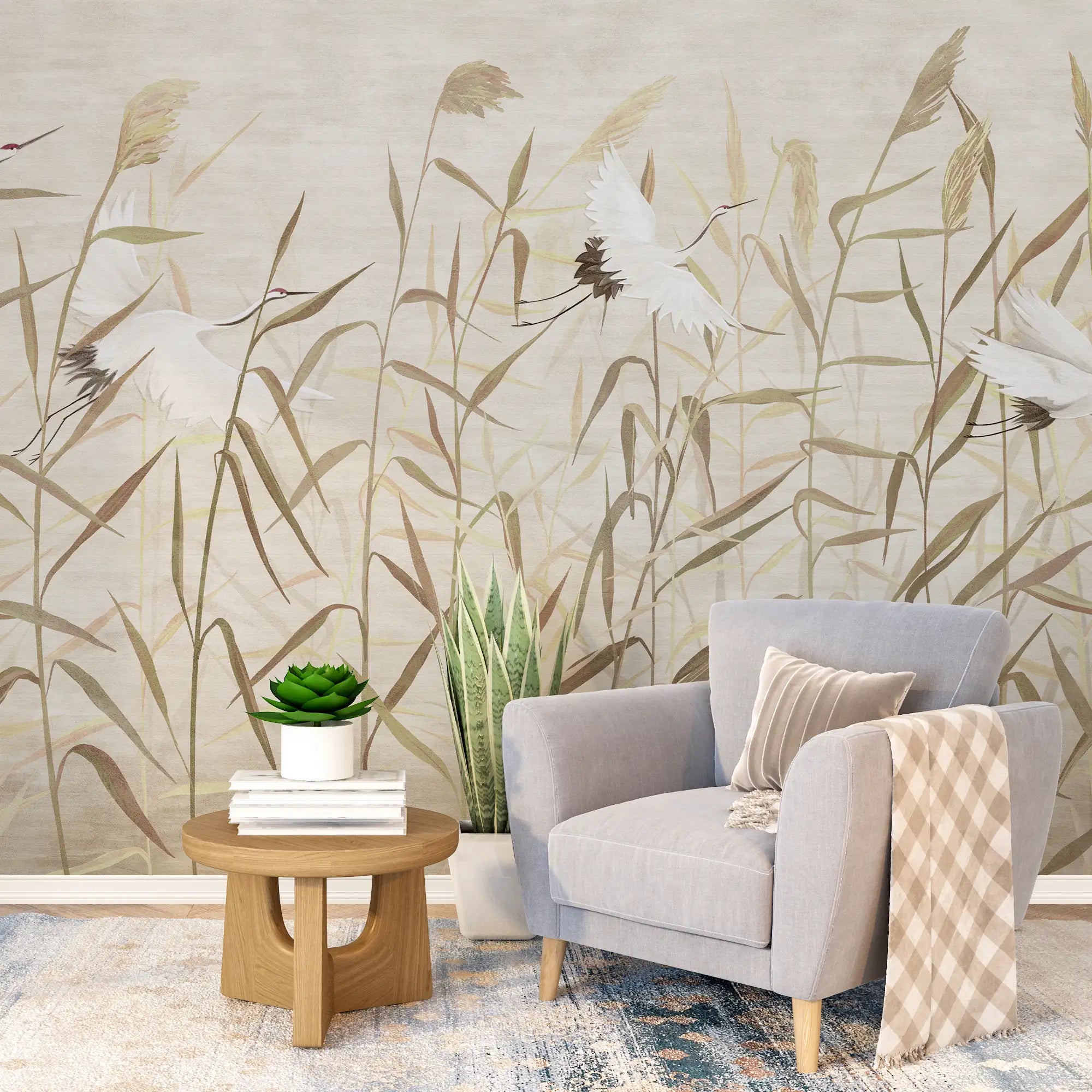 3211 / Modern Asian Art Removable Wallpaper | Nature Scene with Birds & Grass | Easy to Apply Wall Mural for Home - Artevella