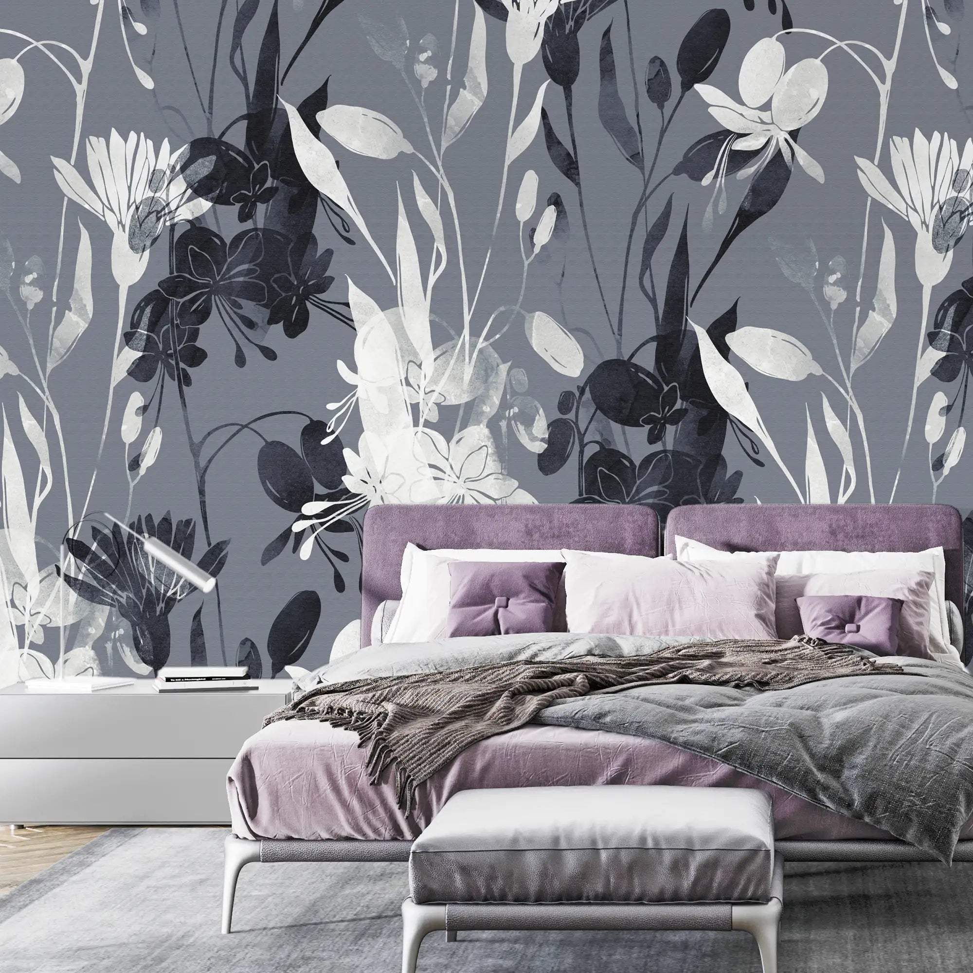 3212 / Dark Lilac Floral Wallpaper, Boho Decor, Peel and Stick, Heia On Moon, Modern Wall Decor, Bathroom Wallpaper, Adhesive Wall Art - Artevella