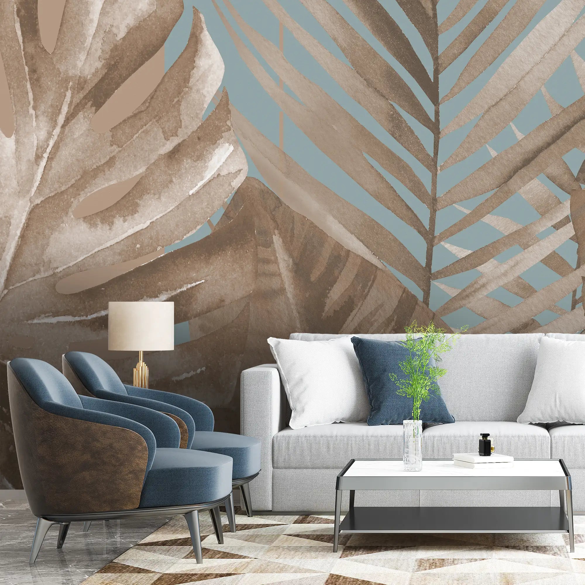 3215 / Boho Wallpaper Stick & Peel: Sky-Blue Hibiscus Leaf Design - Easy Install for Temporary Room Transformation - Artevella