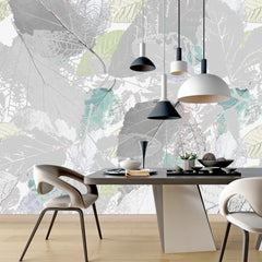 3217 / Botanical Peel and Stick Wallpaper in Grey-Purple | Cyan-Green Leaf Patterns | Modern Wall Decor for Bedroom, Kitchen, Living Room - Artevella