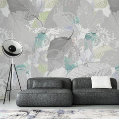 3217 / Botanical Peel and Stick Wallpaper in Grey-Purple | Cyan-Green Leaf Patterns | Modern Wall Decor for Bedroom, Kitchen, Living Room - Artevella