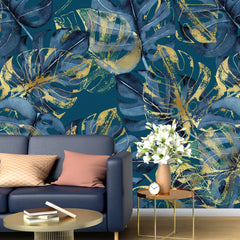 3218 / Modern Teal and Gold Adhesive Wallpaper - Tropical Painterly Design for Bedrooms, Kitchens, and Living Spaces - Artevella