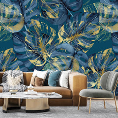 3218 / Modern Teal and Gold Adhesive Wallpaper - Tropical Painterly Design for Bedrooms, Kitchens, and Living Spaces - Artevella