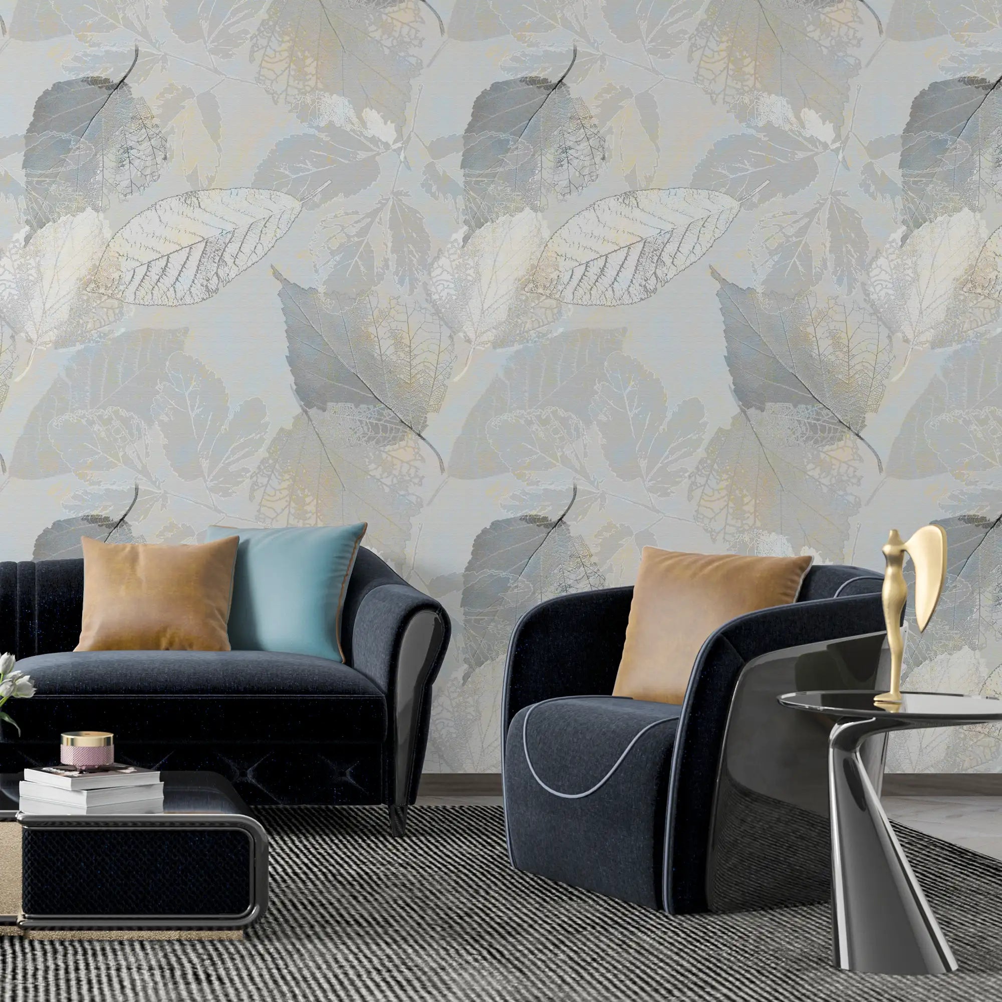 3223 / Vintage Floral Leaf Wallpaper - Light Gray and Light Gold - Peel and Stick, Easy to Install Wall Mural - Artevella