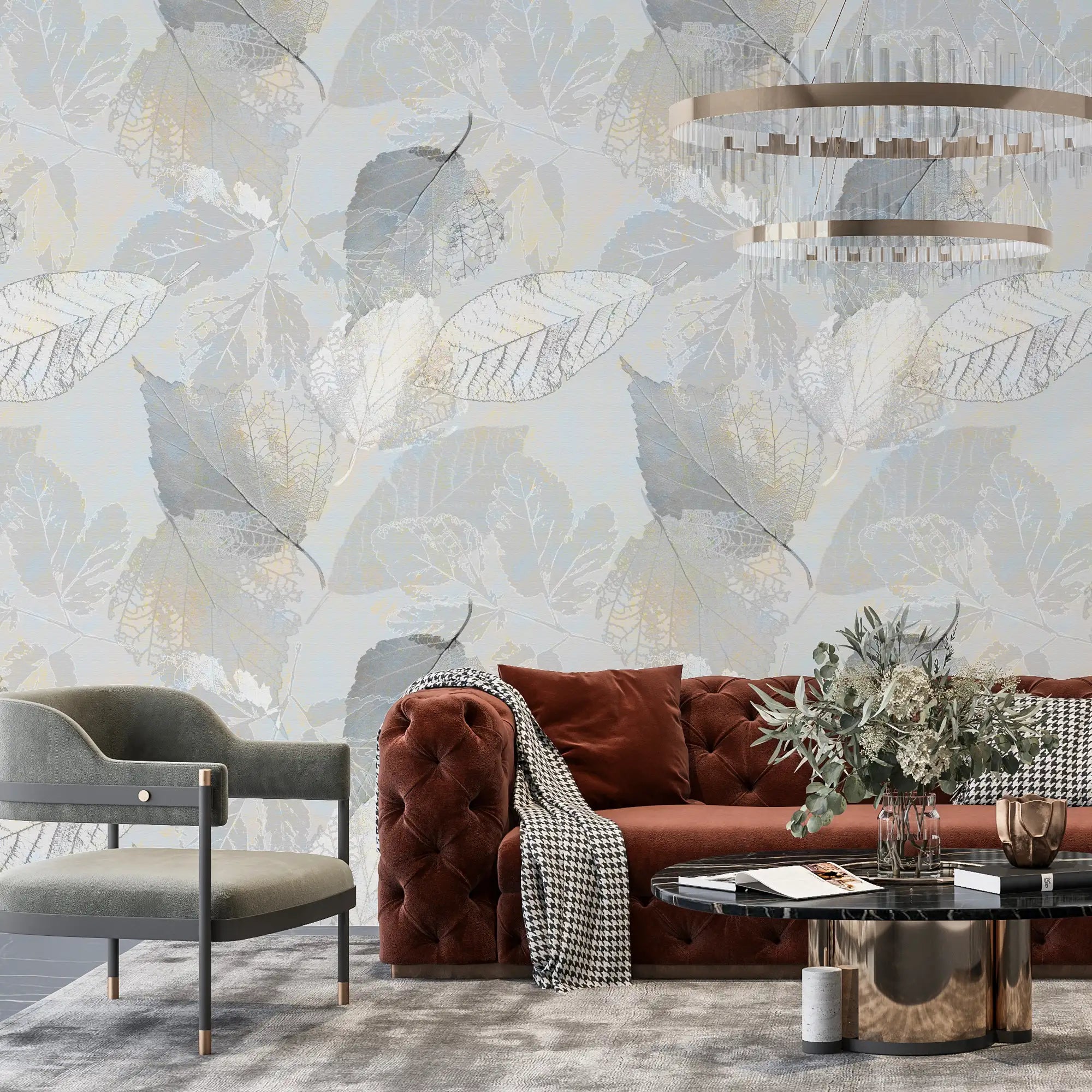 3223 / Vintage Floral Leaf Wallpaper - Light Gray and Light Gold - Peel and Stick, Easy to Install Wall Mural - Artevella