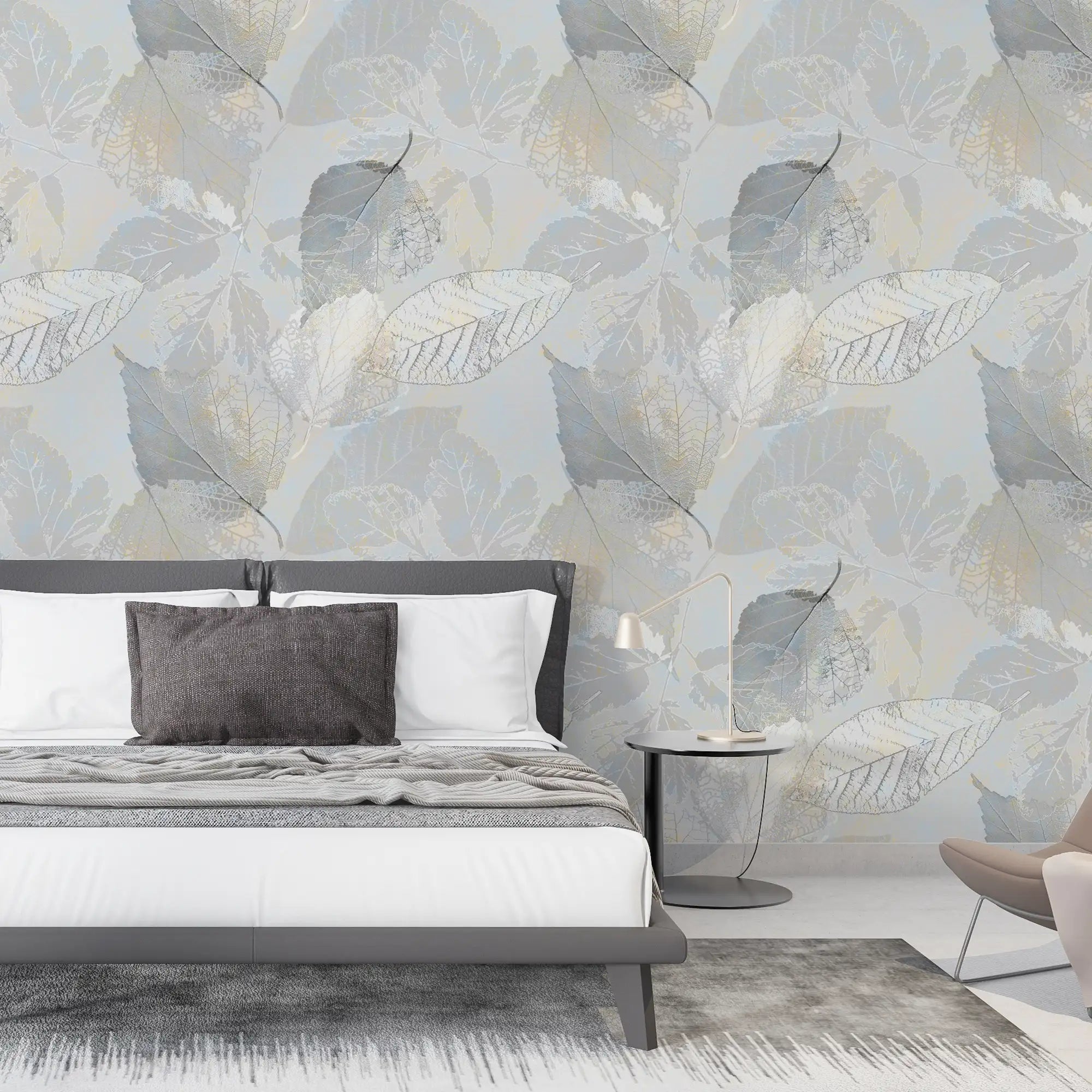 3223 / Vintage Floral Leaf Wallpaper - Light Gray and Light Gold - Peel and Stick, Easy to Install Wall Mural - Artevella