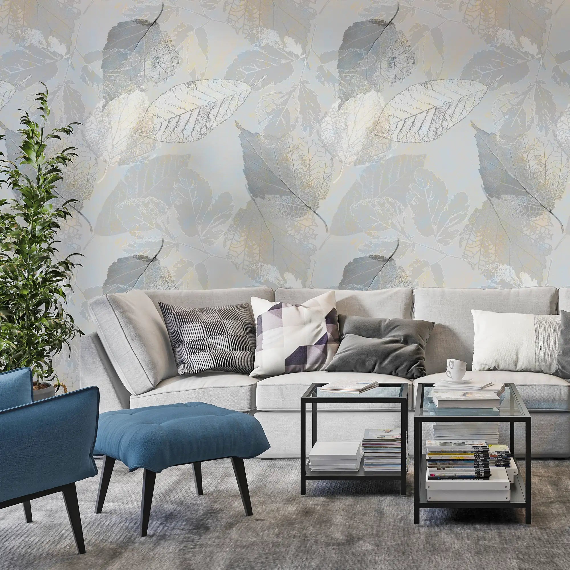 3223 / Vintage Floral Leaf Wallpaper - Light Gray and Light Gold - Peel and Stick, Easy to Install Wall Mural - Artevella