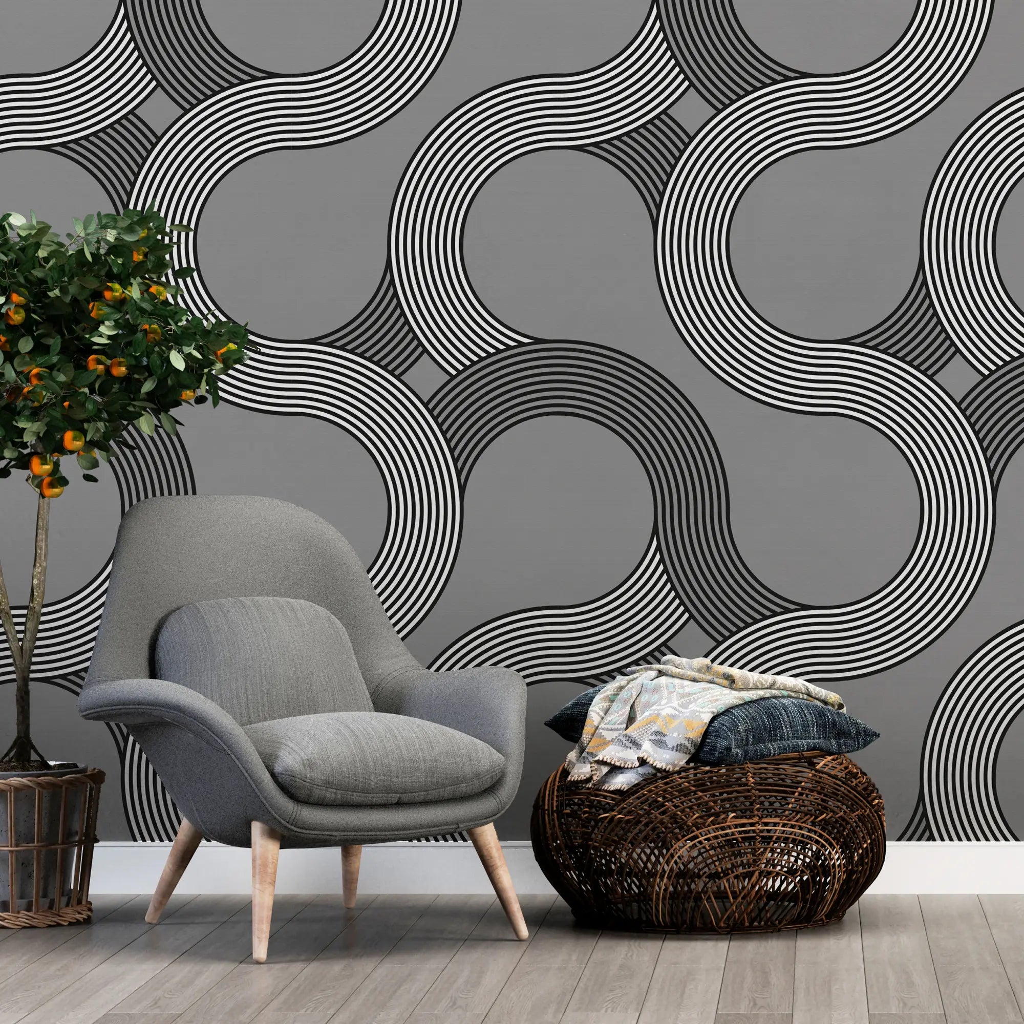 3231 / Wavy Line Wallpaper, Optical Illusion Wall Art, Monochrome Wave Design, Modern Abstract Decor, Unique Pattern Accent - Artevella