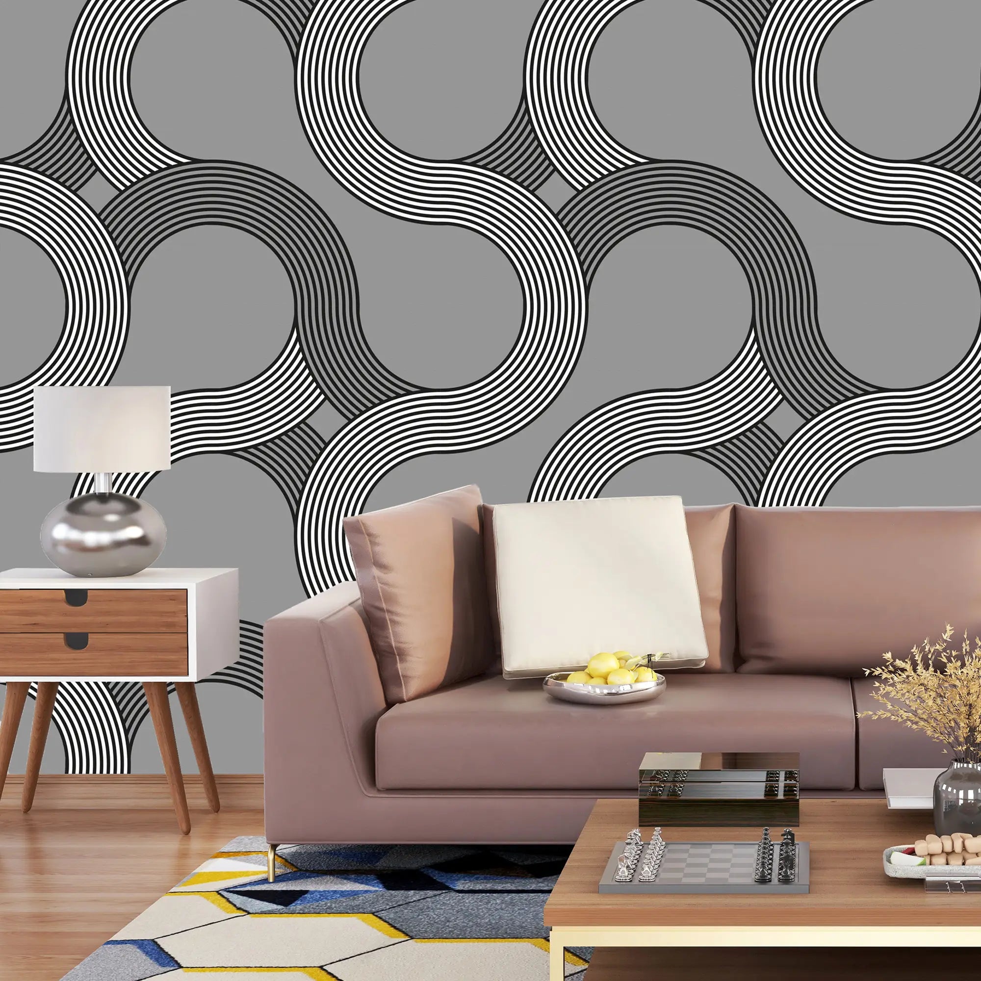 3231 / Wavy Line Wallpaper, Optical Illusion Wall Art, Monochrome Wave Design, Modern Abstract Decor, Unique Pattern Accent - Artevella