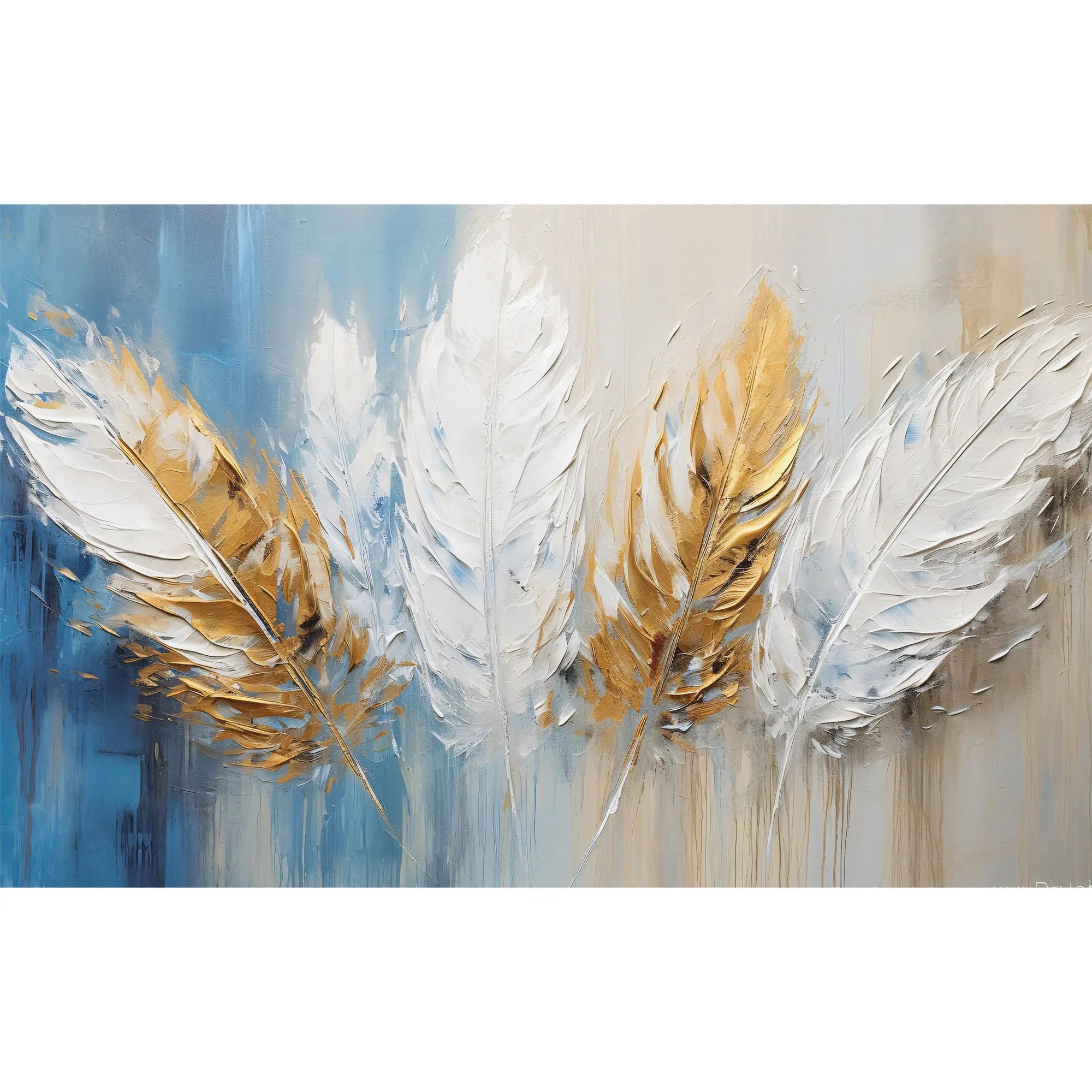 3234 / Elegant Feather Art Wallpaper, Blue and Gold Wall Mural, Chic Feather Design Decor, Soft Touch Luxury Mural - Artevella