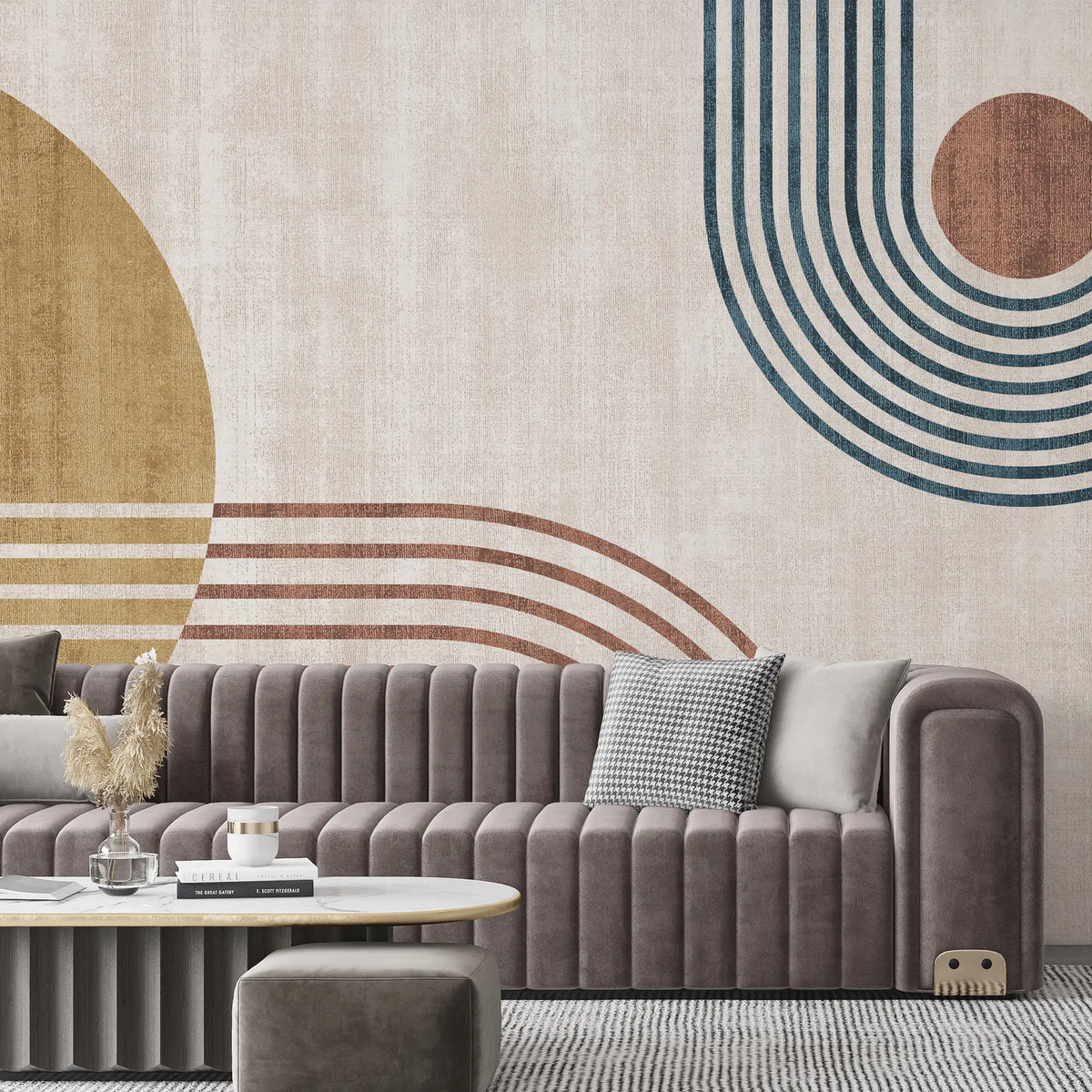 3235 / Modern Abstract Geometric Wallpaper, Retro Circle Line Wall Art, Earth Tone Decor, Minimalist Design Mural - Artevella