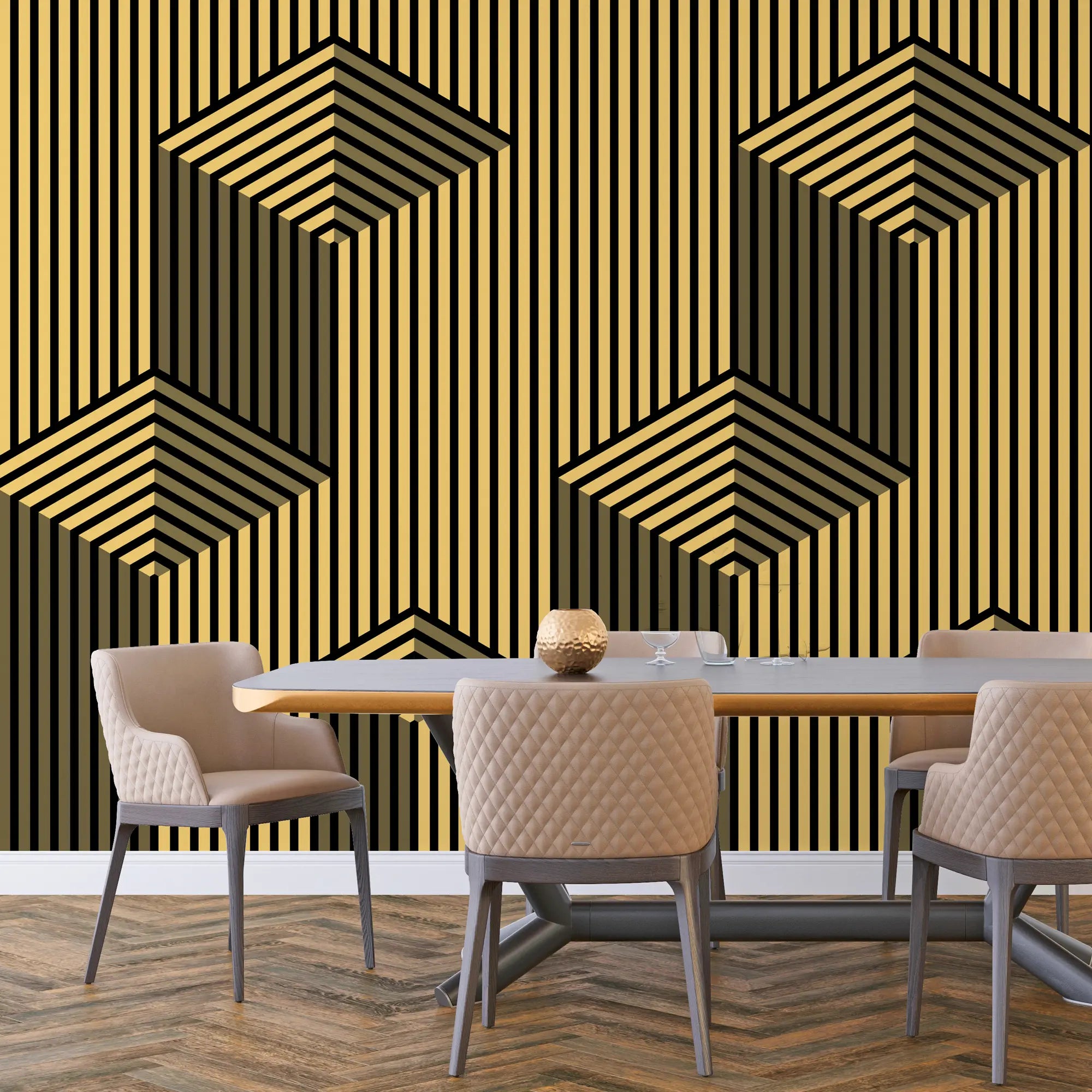 3237 / 3D Geometric Wallpaper, Optical Illusion Wall Decor, Art Deco Inspired Mural, Bold Stripe Design, Modern Interior - Artevella