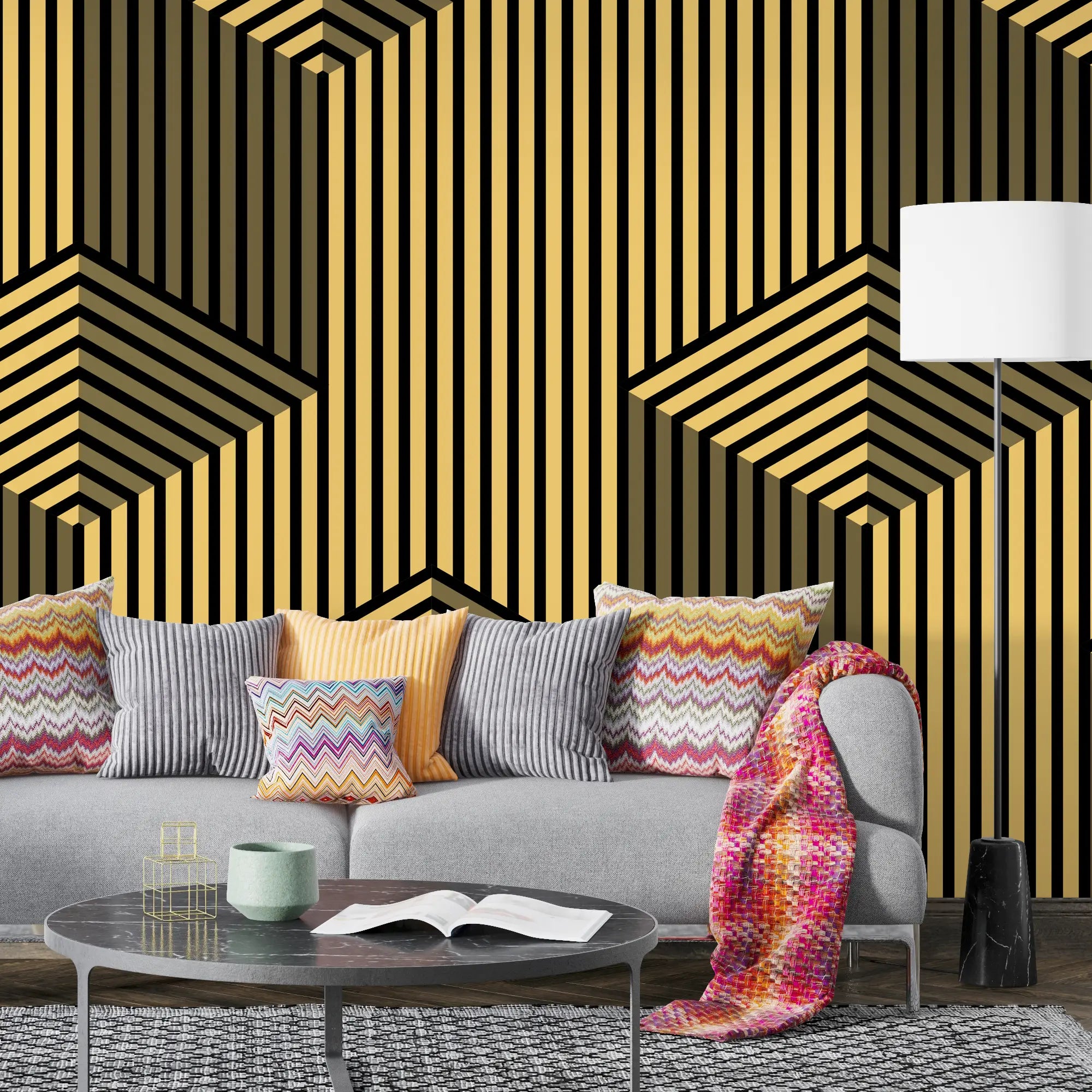 3237 / 3D Geometric Wallpaper, Optical Illusion Wall Decor, Art Deco Inspired Mural, Bold Stripe Design, Modern Interior - Artevella