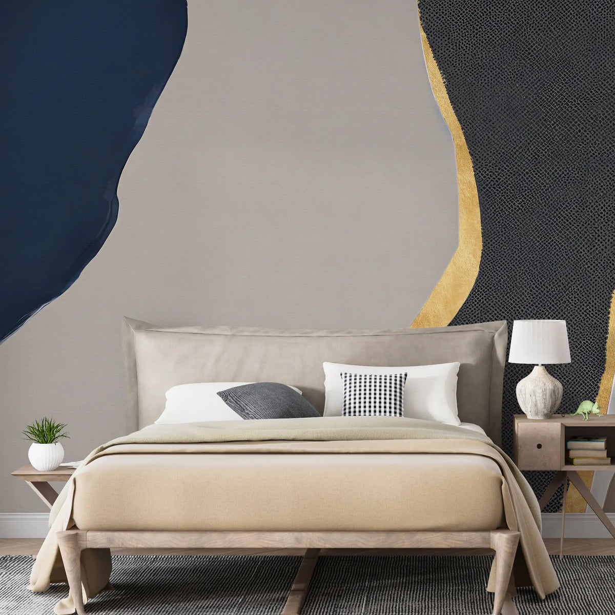 3239 / Abstract Shapes Wallpaper, Textured Gold Accent Mural, Modern Chic Wall Decor, Elegant Blue and Grey Design - Artevella