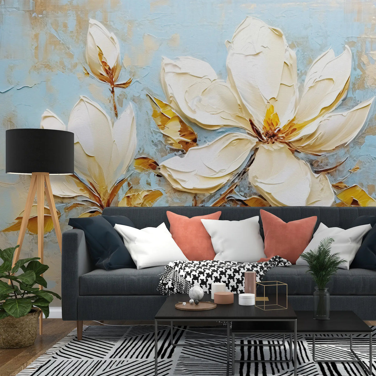 3240 / Magnolia Bloom Wallpaper, Textured Floral Wall Art, Elegance Botanical Mural, Soft Blue and Gold Decor - Artevella