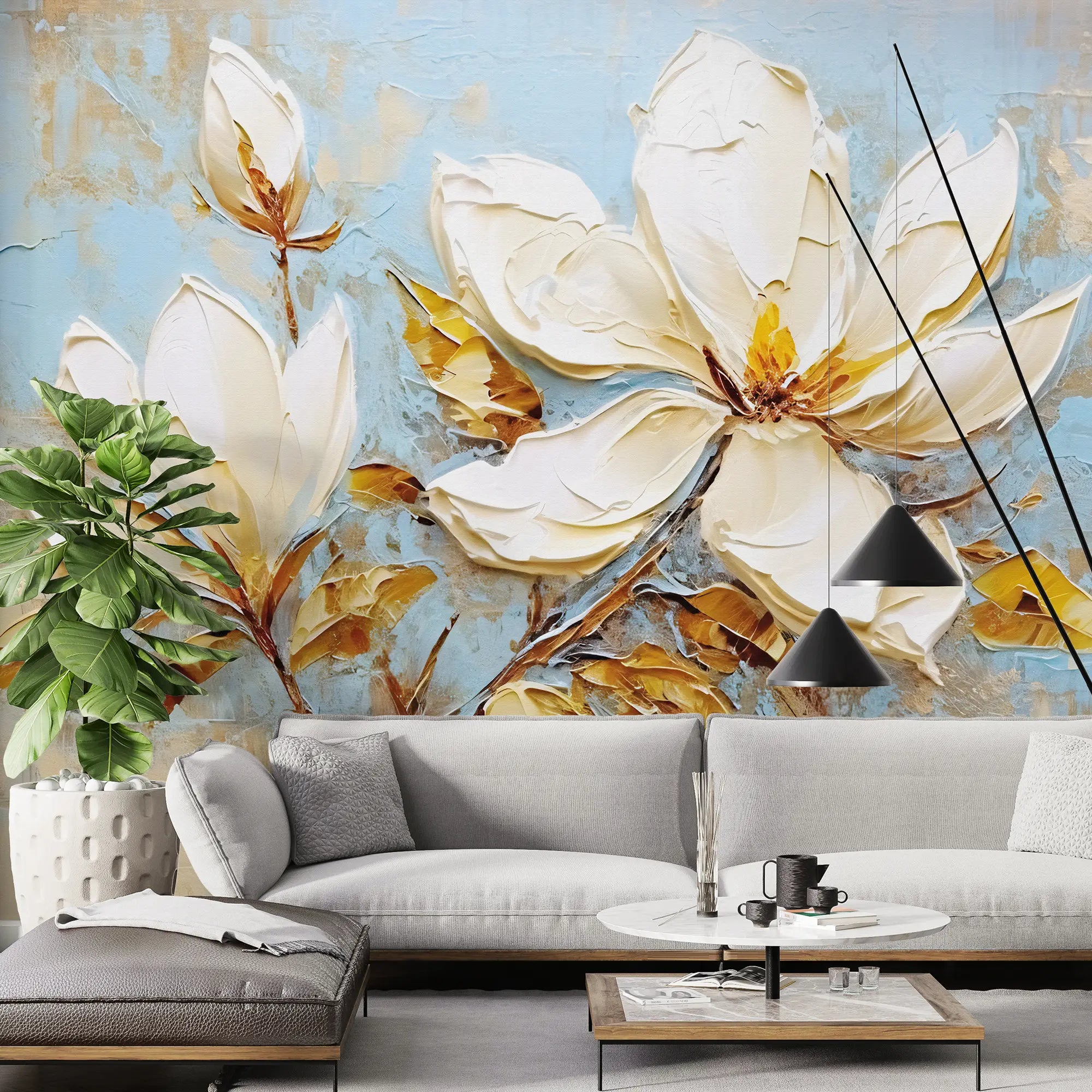 3240 / Magnolia Bloom Wallpaper, Textured Floral Wall Art, Elegance Botanical Mural, Soft Blue and Gold Decor - Artevella