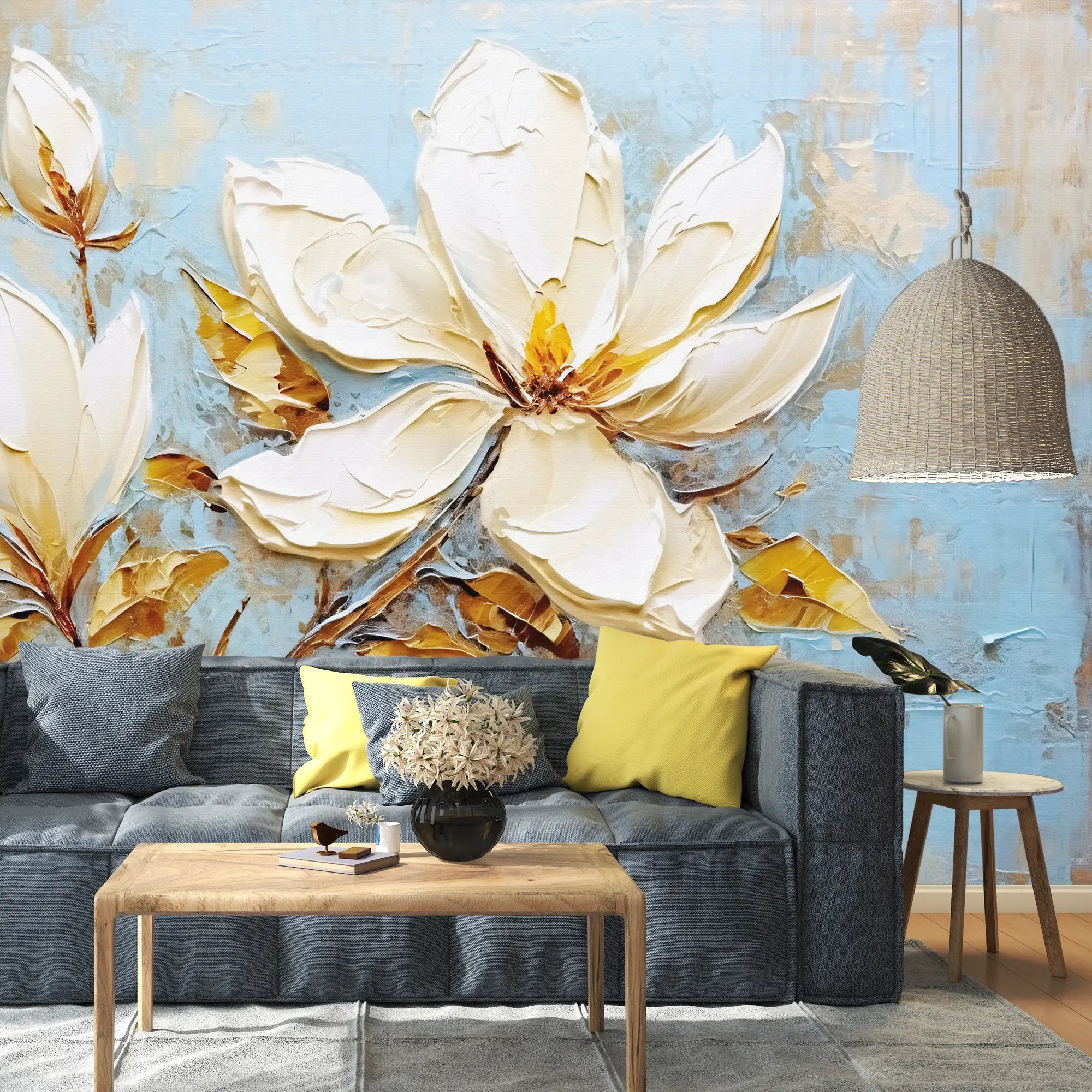 3240 / Magnolia Bloom Wallpaper, Textured Floral Wall Art, Elegance Botanical Mural, Soft Blue and Gold Decor - Artevella