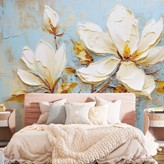 3240 / Magnolia Bloom Wallpaper, Textured Floral Wall Art, Elegance Botanical Mural, Soft Blue and Gold Decor - Artevella