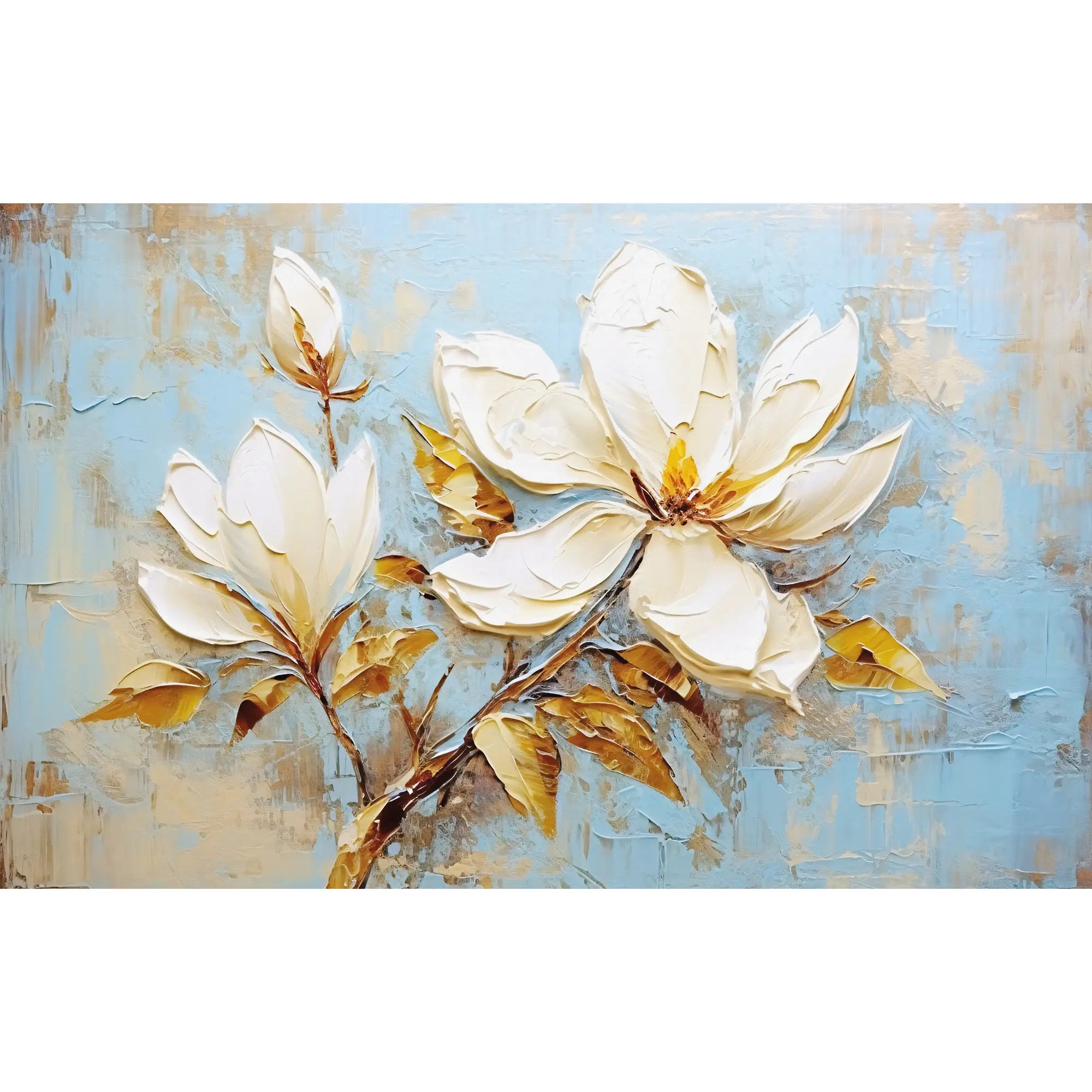 3240 / Magnolia Bloom Wallpaper, Textured Floral Wall Art, Elegance Botanical Mural, Soft Blue and Gold Decor - Artevella