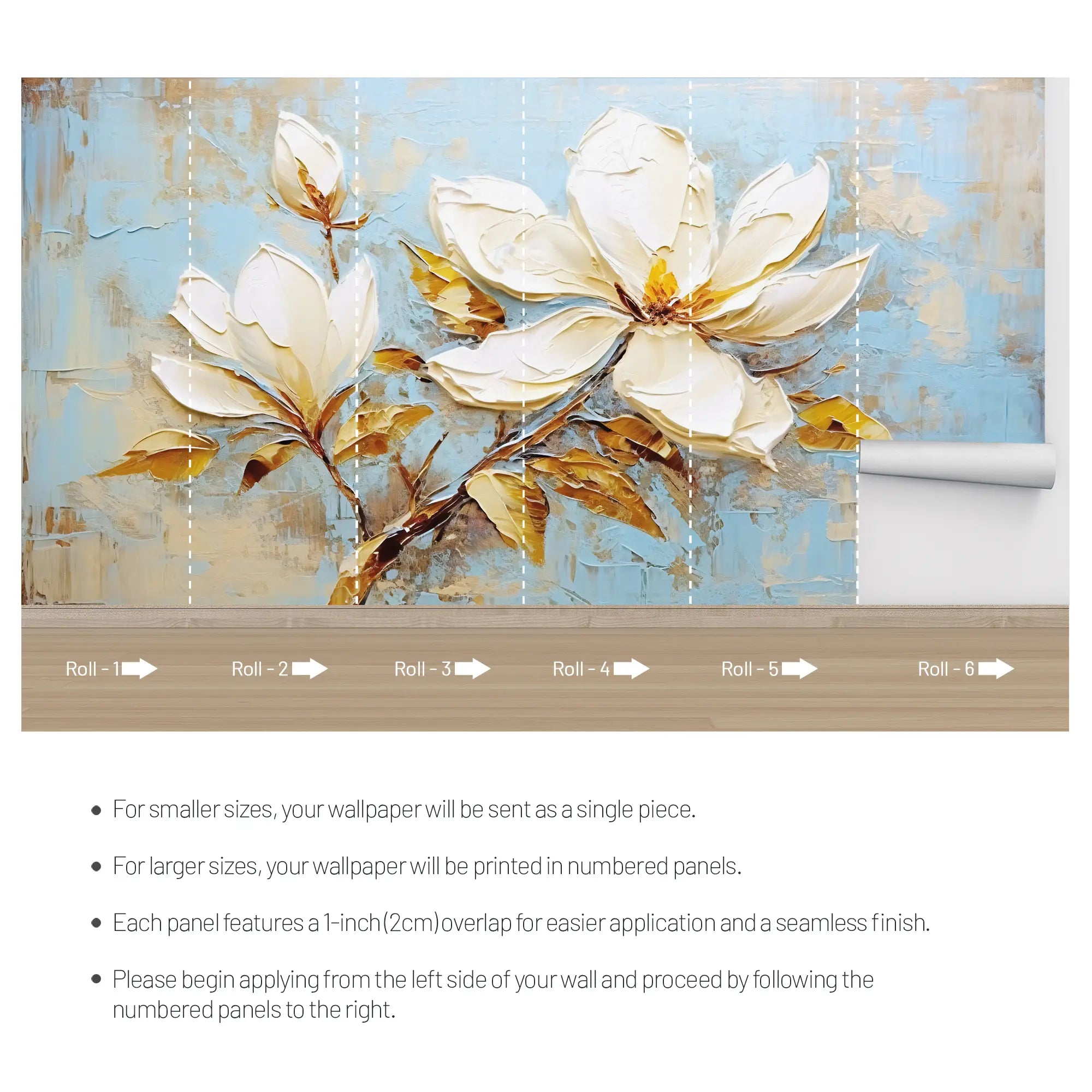 3240 / Magnolia Bloom Wallpaper, Textured Floral Wall Art, Elegance Botanical Mural, Soft Blue and Gold Decor - Artevella