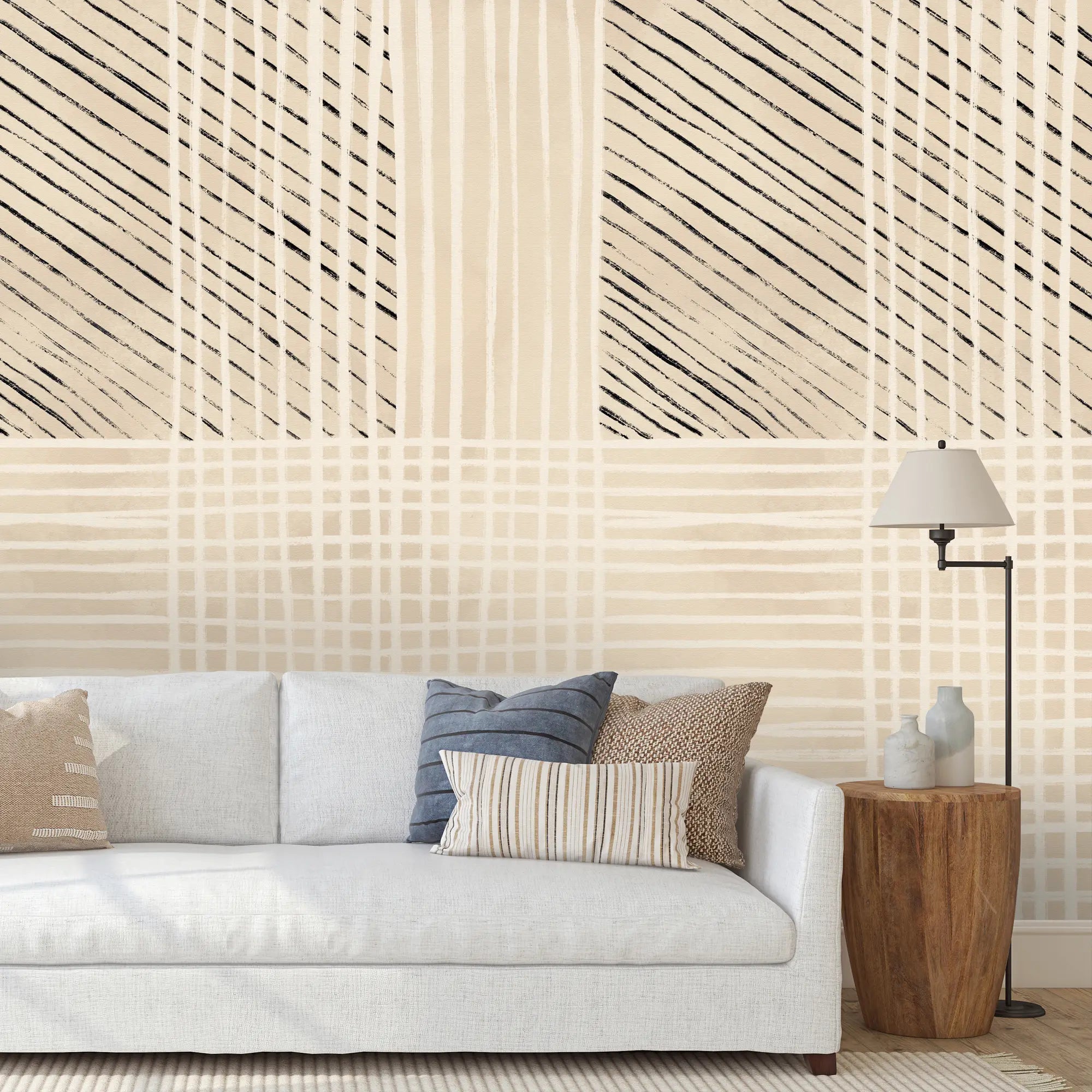 3241 / Neutral Geometric Pattern Wallpaper, Contemporary Line Art Mural, Beige Tone Abstract Wall Decor, Modern Minimalist Design - Artevella