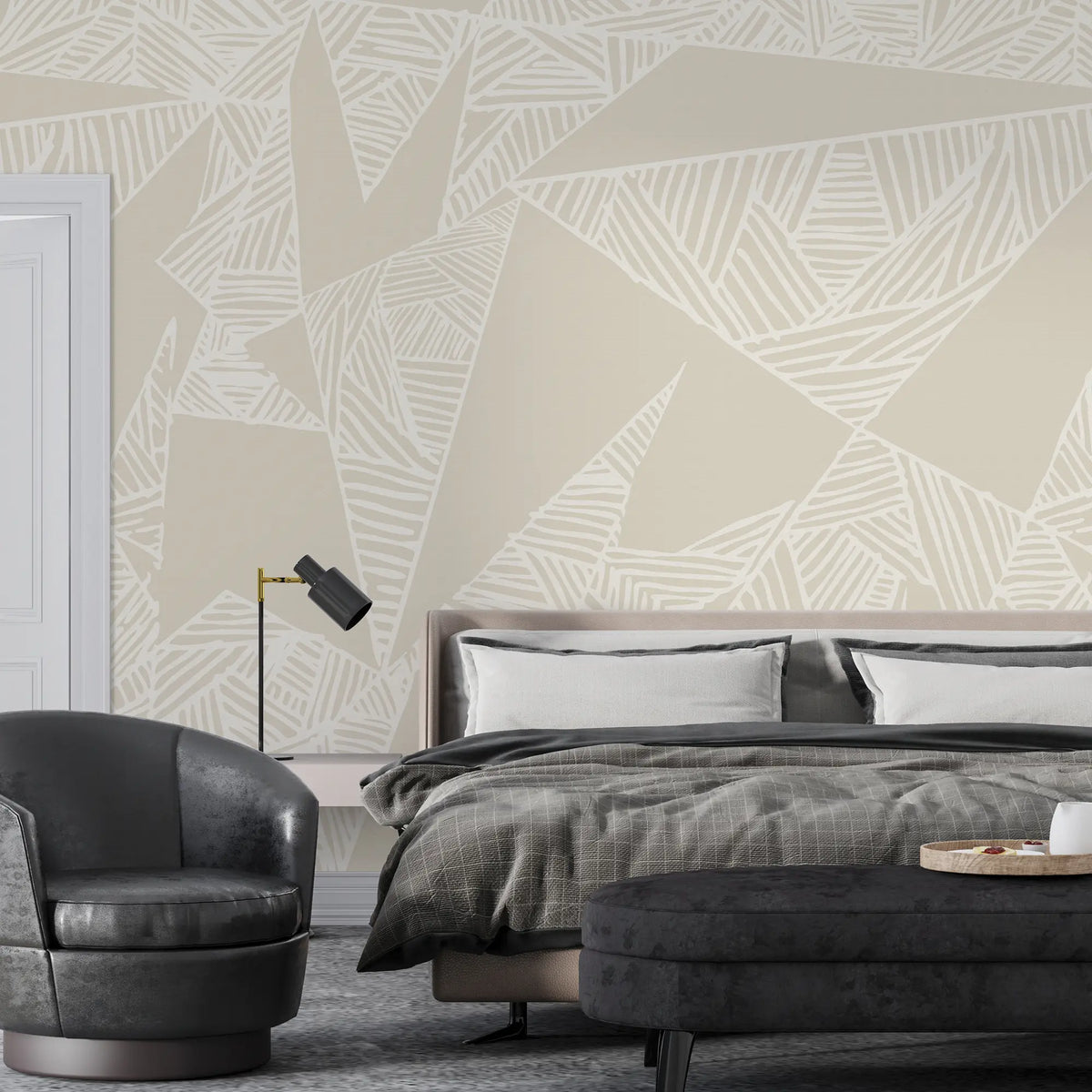 3243 / Abstract Leaf Pattern Wallpaper, Modern Neutral Wall Art, Detailed Line Work Mural, Subtle Beige Decor - Artevella