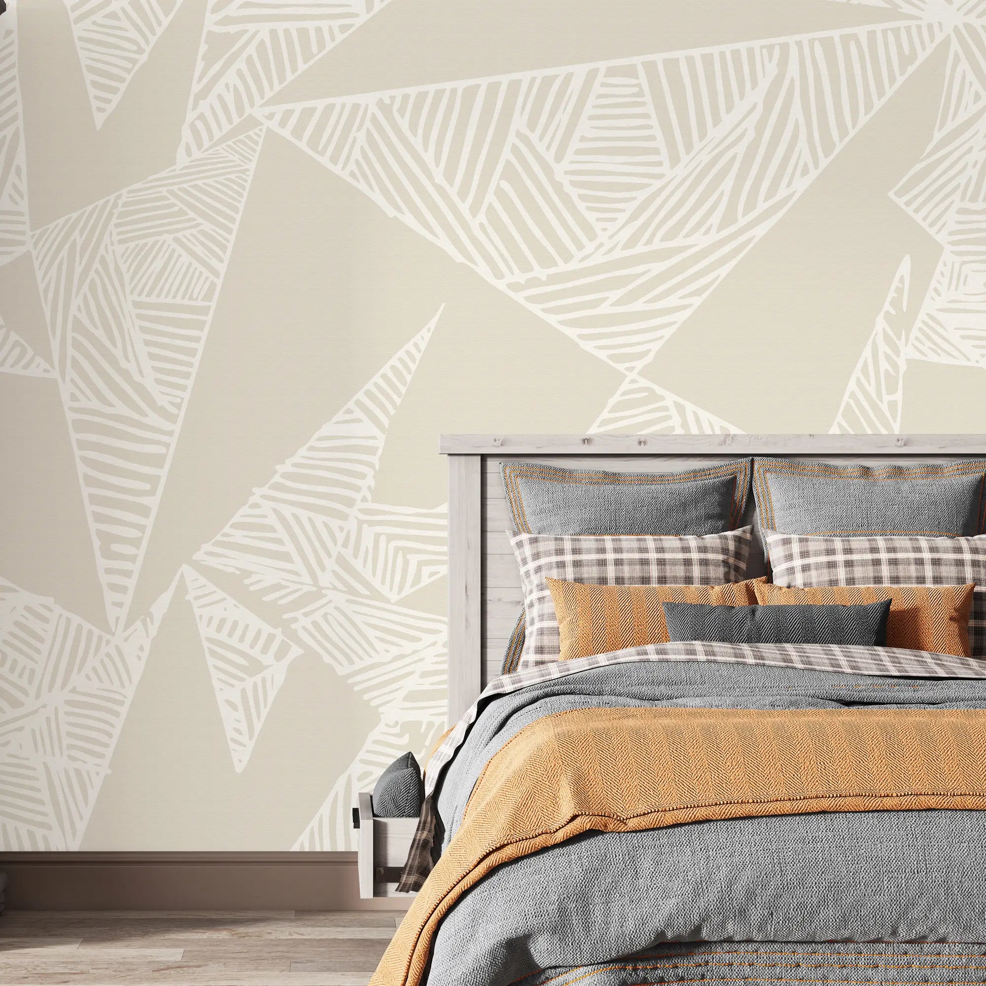 3243 / Abstract Leaf Pattern Wallpaper, Modern Neutral Wall Art, Detailed Line Work Mural, Subtle Beige Decor - Artevella