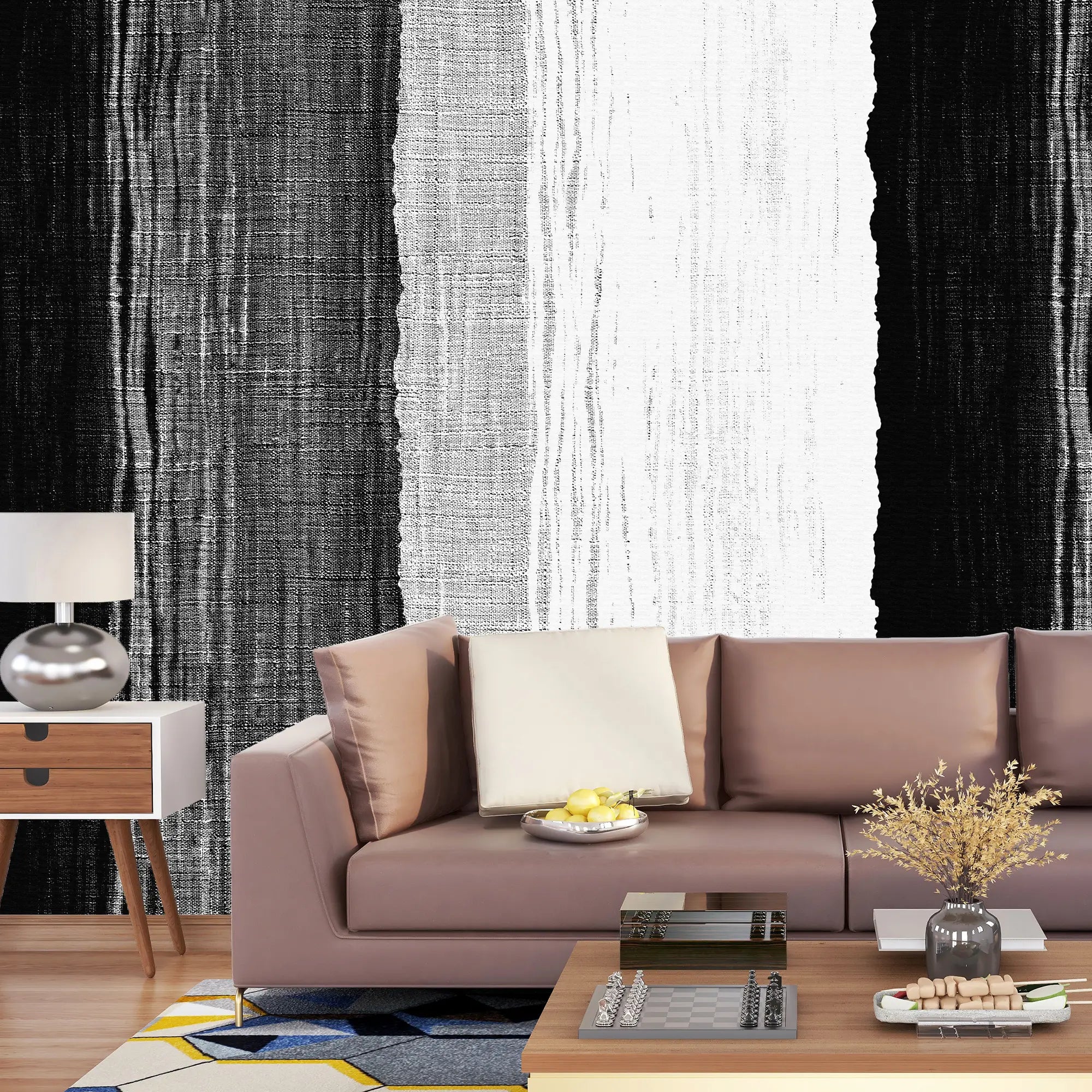 3244 / Monochrome Textured Wallpaper, Abstract Black and White Stripe Wall Art, Modern Urban Mural, Bold Interior Decor - Artevella