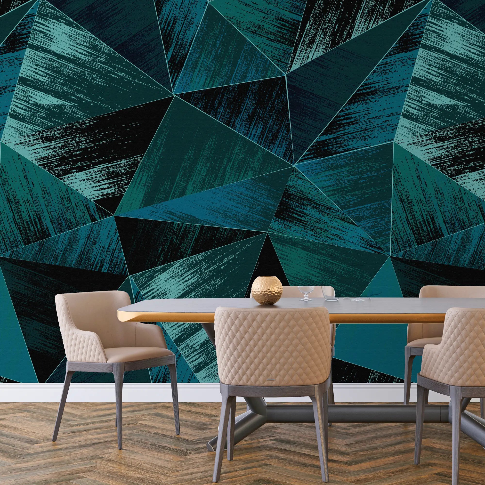 3247 / Teal Geometric Distressed Wallpaper, Modern Triangle Wall Art, Vibrant Textured Mural, Contemporary Interior Design - Artevella