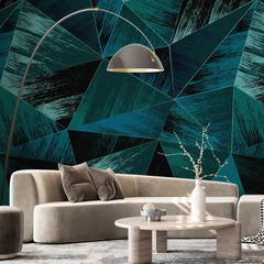 3247 / Teal Geometric Distressed Wallpaper, Modern Triangle Wall Art, Vibrant Textured Mural, Contemporary Interior Design - Artevella