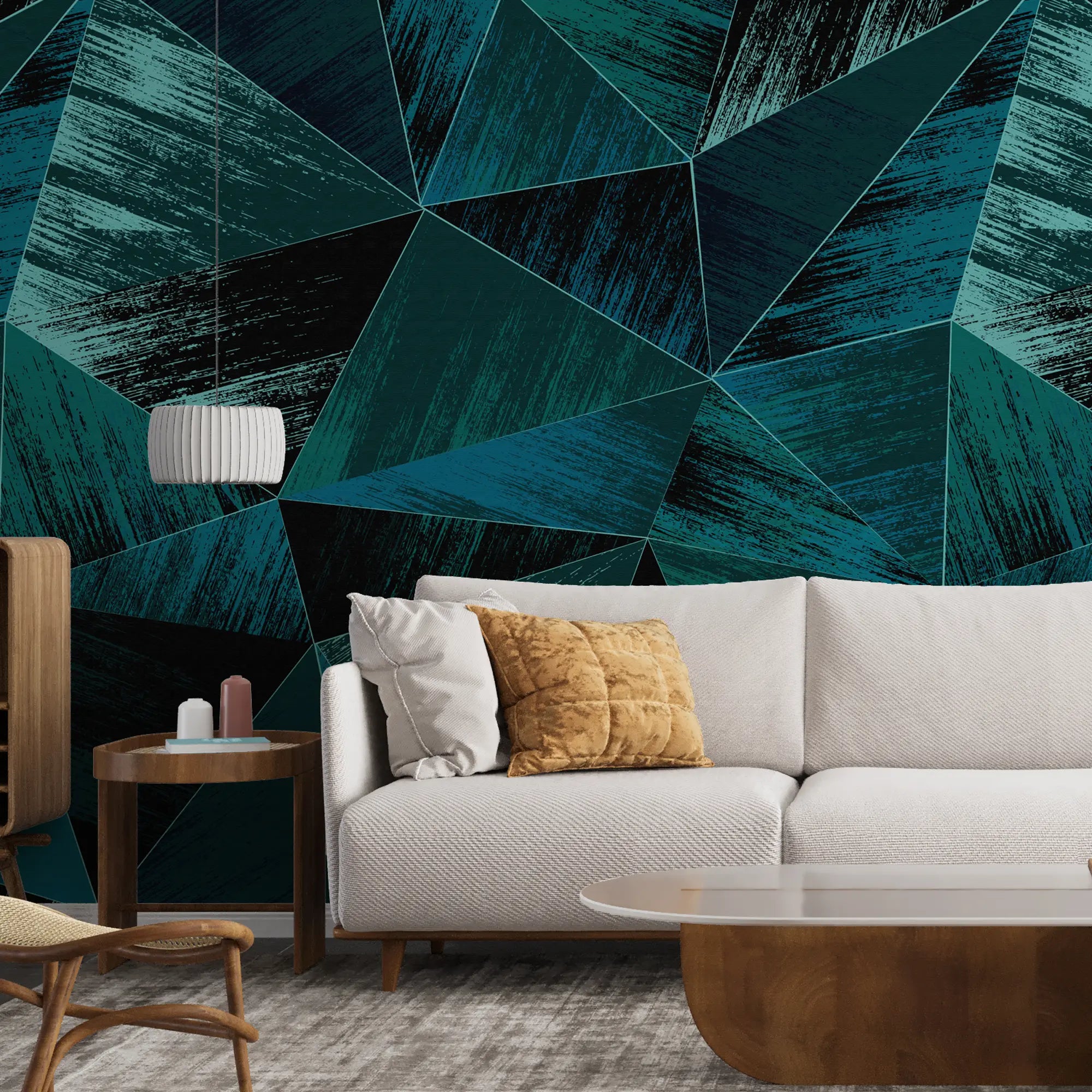 3247 / Teal Geometric Distressed Wallpaper, Modern Triangle Wall Art, Vibrant Textured Mural, Contemporary Interior Design - Artevella