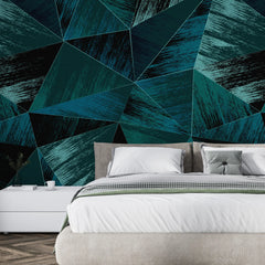 3247 / Teal Geometric Distressed Wallpaper, Modern Triangle Wall Art, Vibrant Textured Mural, Contemporary Interior Design - Artevella