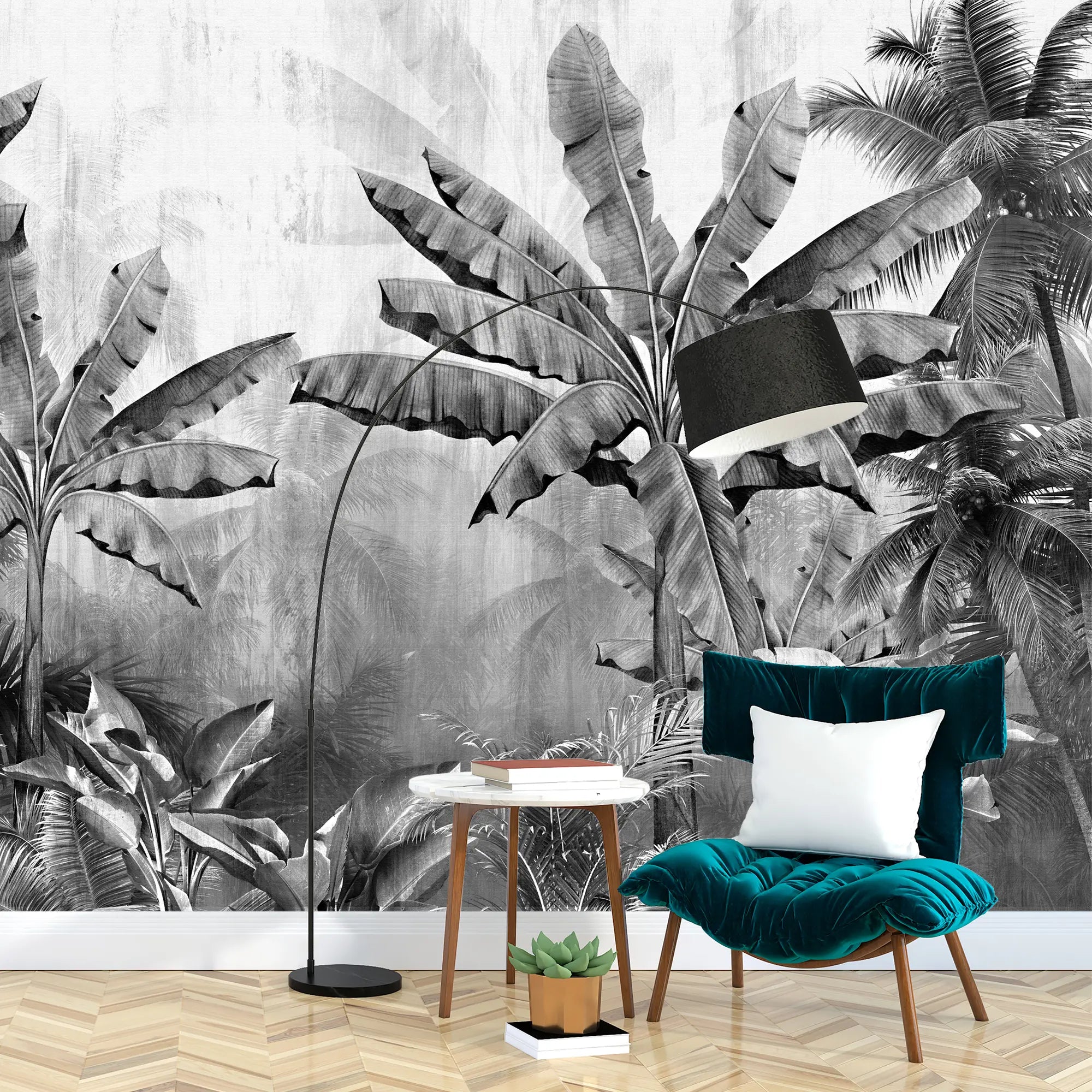 3248 / Monochrome Tropical Paradise Wallpaper, Exotic Jungle Mural, Chic Black and White Palm Design, Statement Wall Decor - Artevella