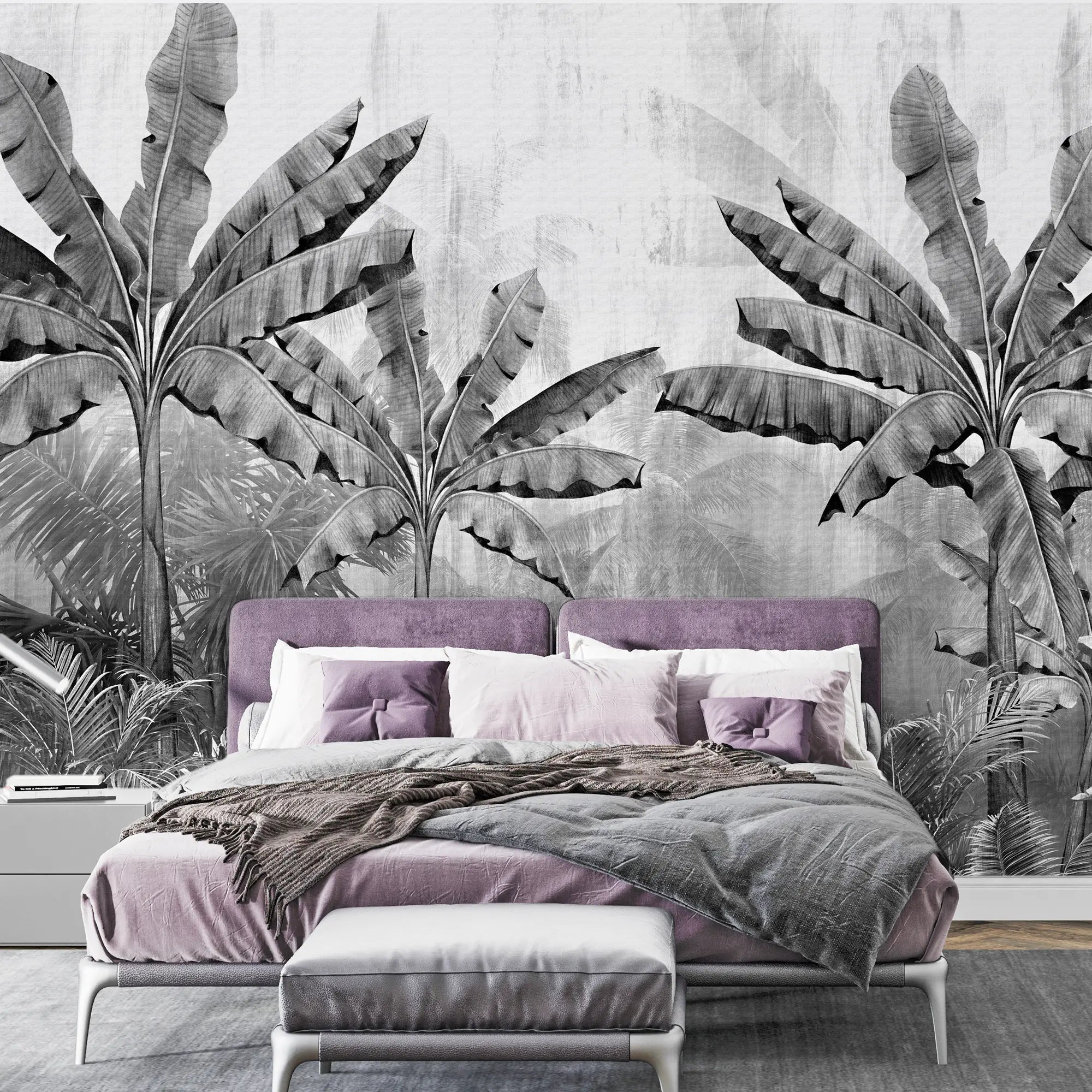 3248 / Monochrome Tropical Paradise Wallpaper, Exotic Jungle Mural, Chic Black and White Palm Design, Statement Wall Decor - Artevella