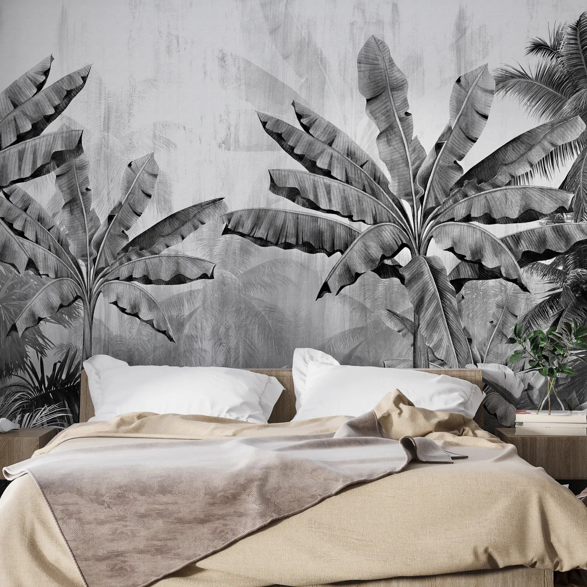 3248 / Monochrome Tropical Paradise Wallpaper, Exotic Jungle Mural, Chic Black and White Palm Design, Statement Wall Decor - Artevella