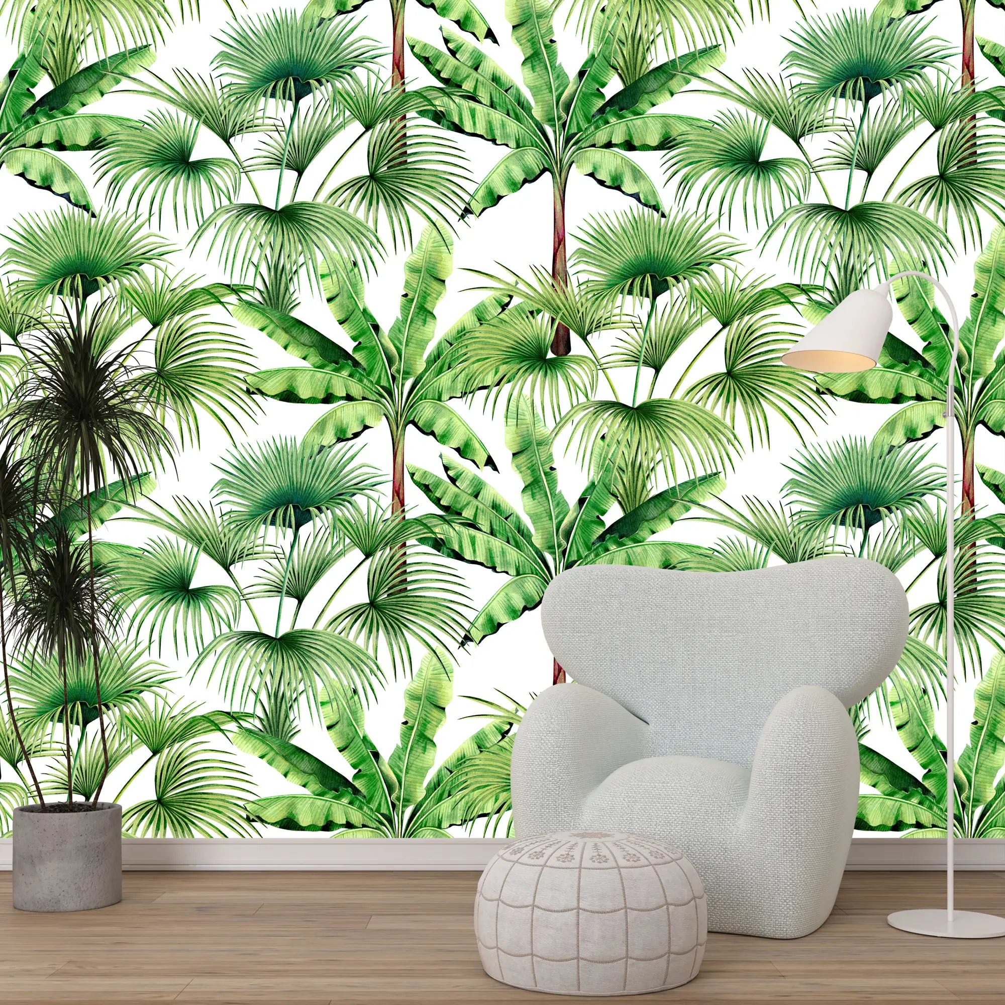 3250 / Lush Palm Leaf Print Wallpaper, Tropical Foliage Mural, Vibrant Green Botanical Wall Covering, Refreshing Nature-Themed Decor - Artevella