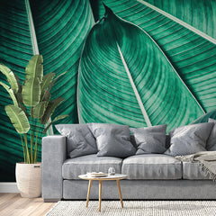 3251 / Botanical Leaf Wallpaper, Green Plant Wall Art, Textured Nature Mural, Serene Home Decor, Large Leaf Pattern - Artevella