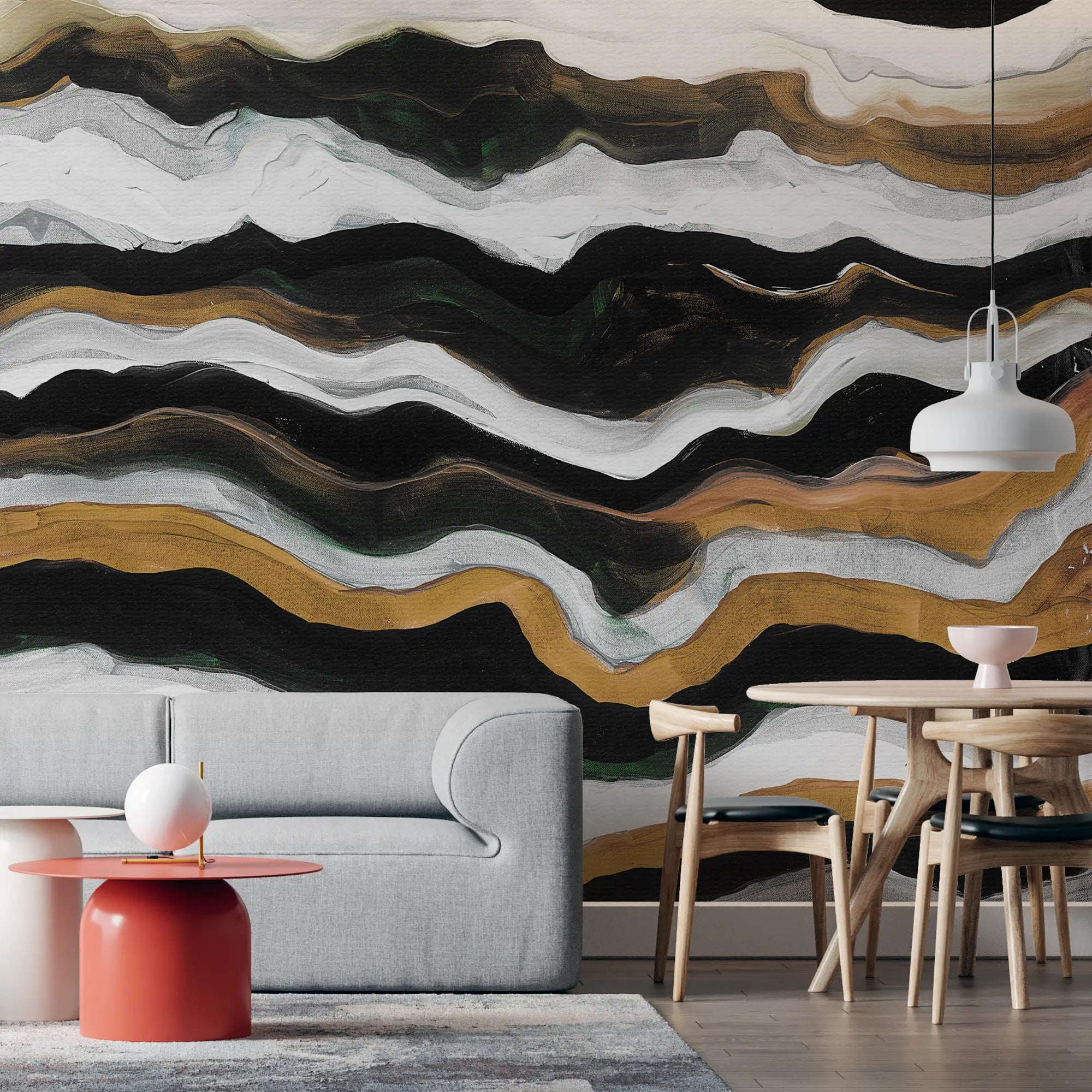 3254 / Abstract Wave Wallpaper, Earth Tone Strata Design, Bold Monochrome Mural, Modern Artistic Home Decor, Dynamic Wall Accent - Artevella