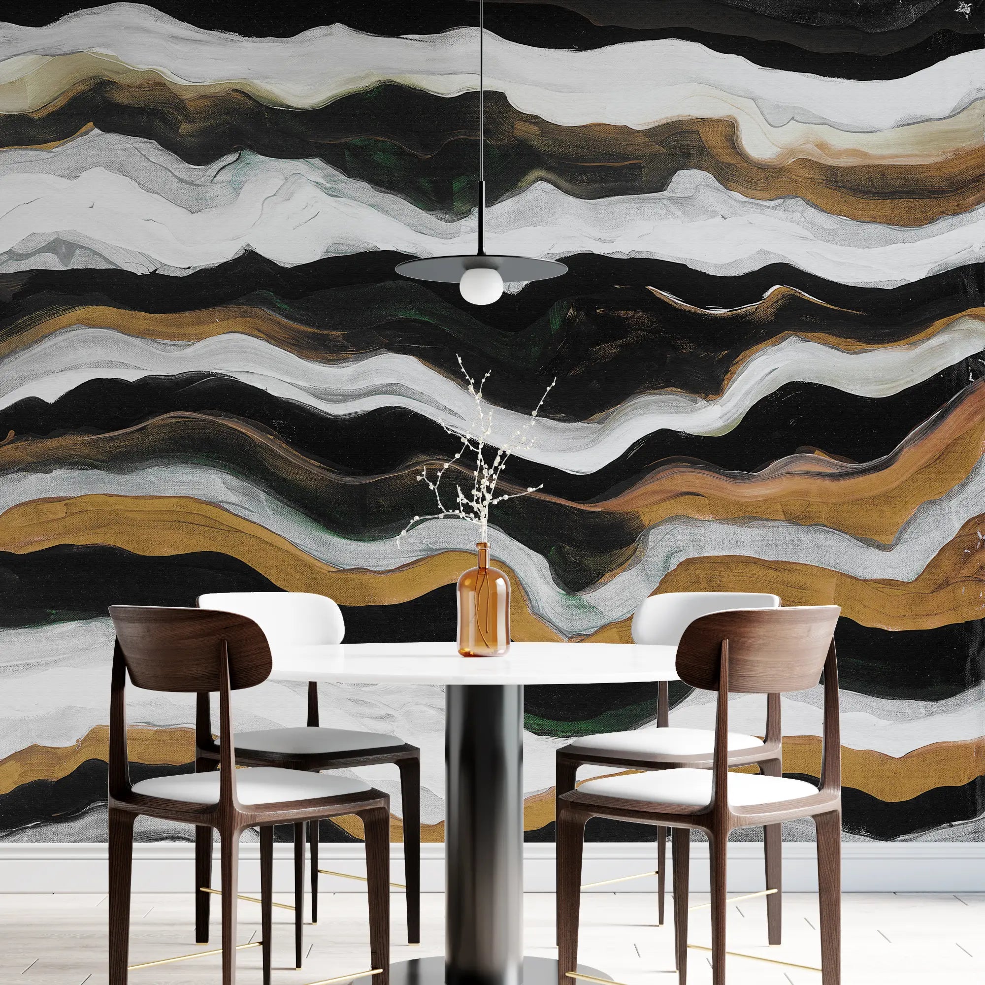 3254 / Abstract Wave Wallpaper, Earth Tone Strata Design, Bold Monochrome Mural, Modern Artistic Home Decor, Dynamic Wall Accent - Artevella