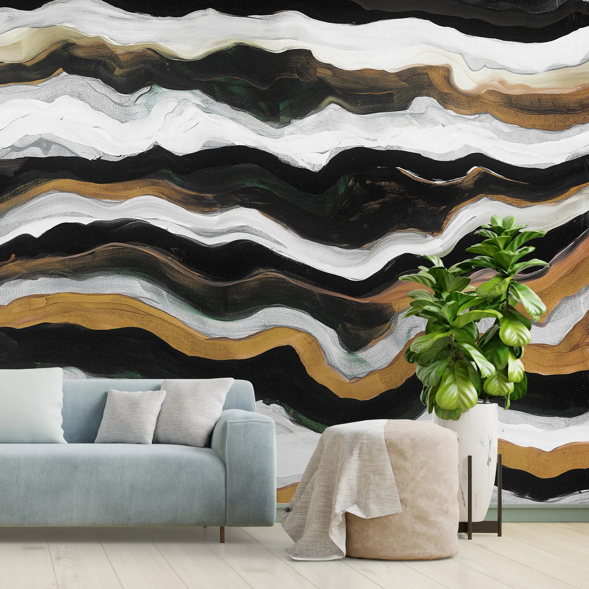 3254 / Abstract Wave Wallpaper, Earth Tone Strata Design, Bold Monochrome Mural, Modern Artistic Home Decor, Dynamic Wall Accent - Artevella