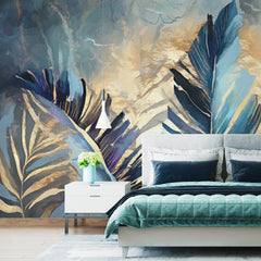 3257 / Painterly Blue Leaves Wallpaper, Artistic Foliage Wall Mural, Warm Textured Background Decor, Contemporary Leaf Design - Artevella