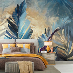 3257 / Painterly Blue Leaves Wallpaper, Artistic Foliage Wall Mural, Warm Textured Background Decor, Contemporary Leaf Design - Artevella