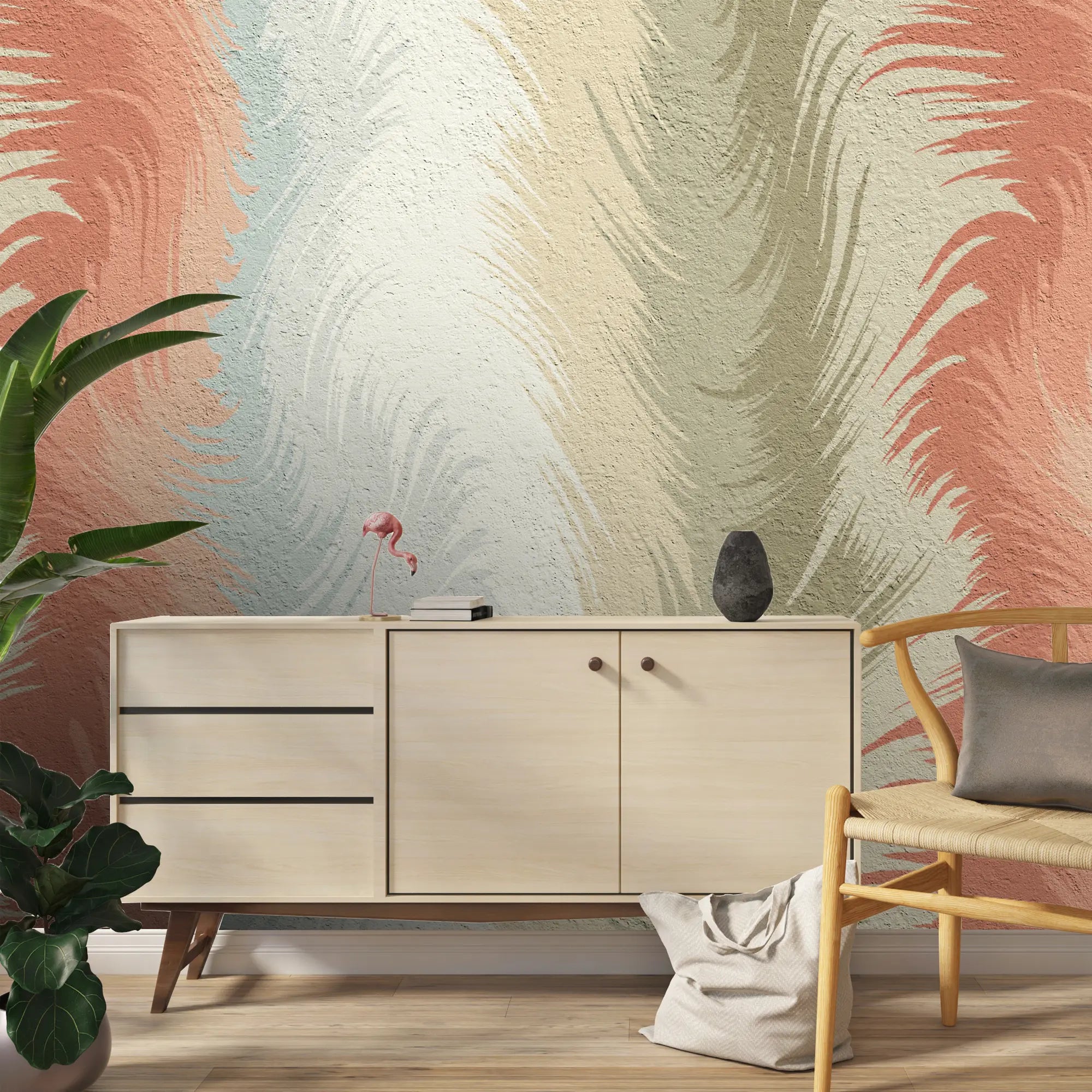 3258 / Feather Swirl Wallpaper, Soft Coral and Blue Pattern, Organic Movement Wall Design, Gentle Textured Decor - Artevella