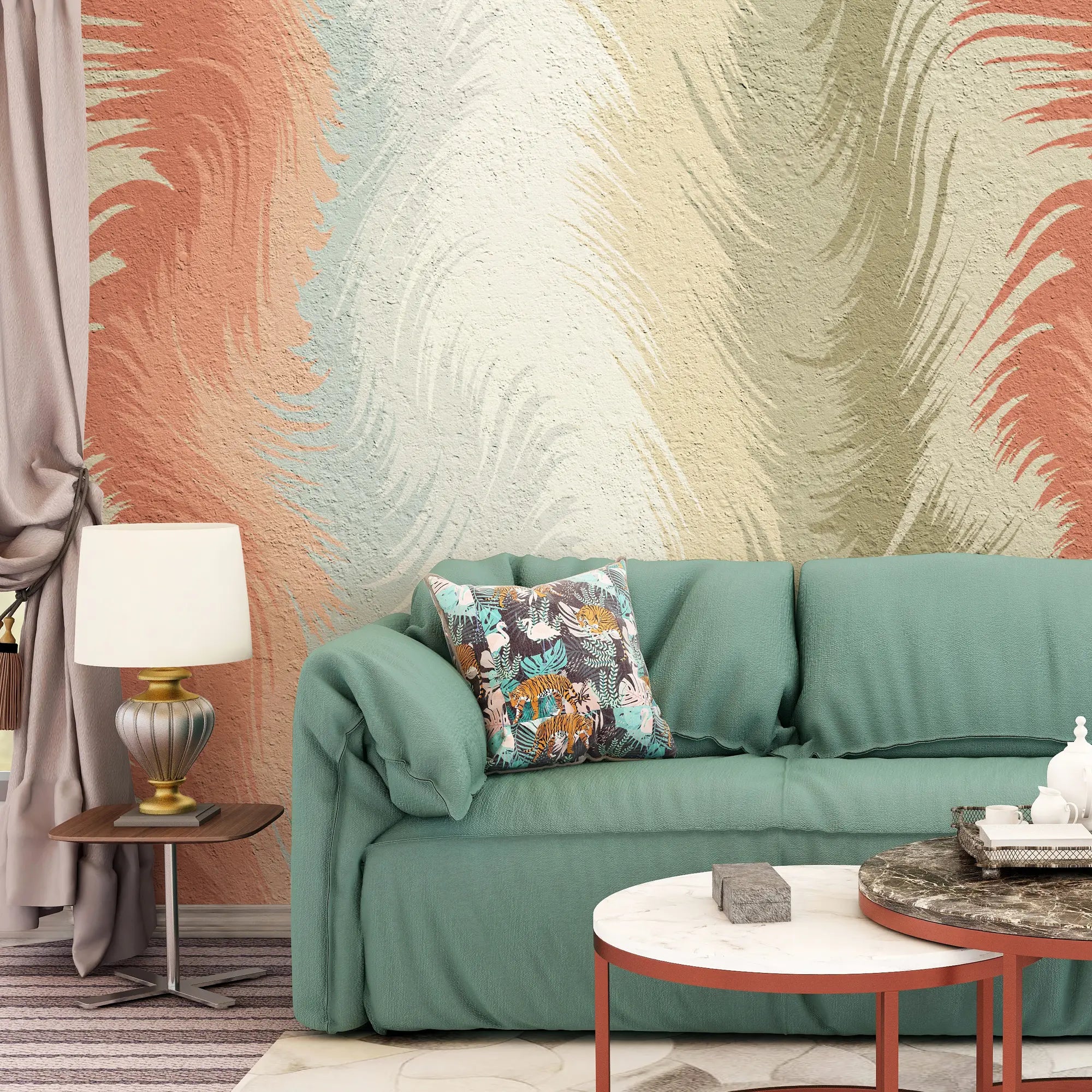 3258 / Feather Swirl Wallpaper, Soft Coral and Blue Pattern, Organic Movement Wall Design, Gentle Textured Decor - Artevella