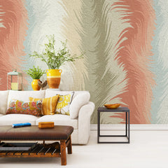 3258 / Feather Swirl Wallpaper, Soft Coral and Blue Pattern, Organic Movement Wall Design, Gentle Textured Decor - Artevella