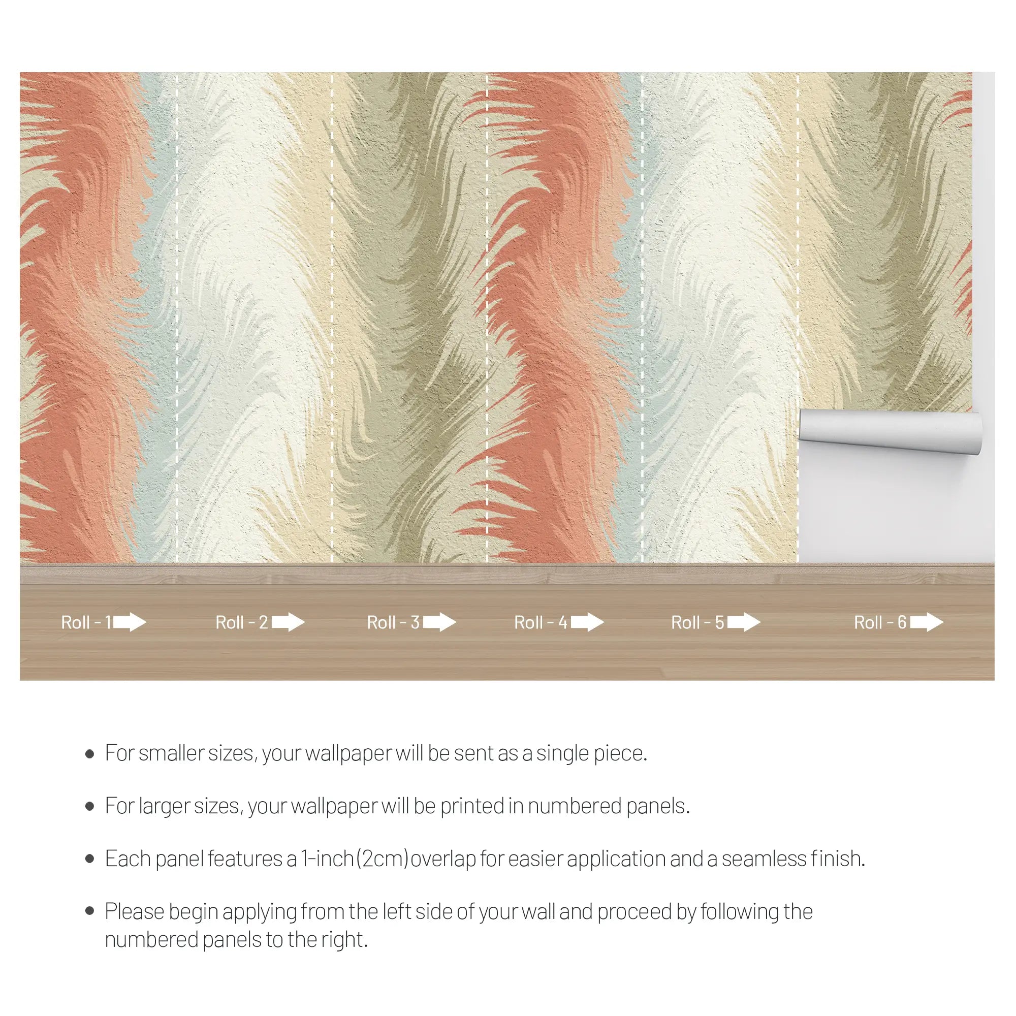 3258 / Feather Swirl Wallpaper, Soft Coral and Blue Pattern, Organic Movement Wall Design, Gentle Textured Decor - Artevella