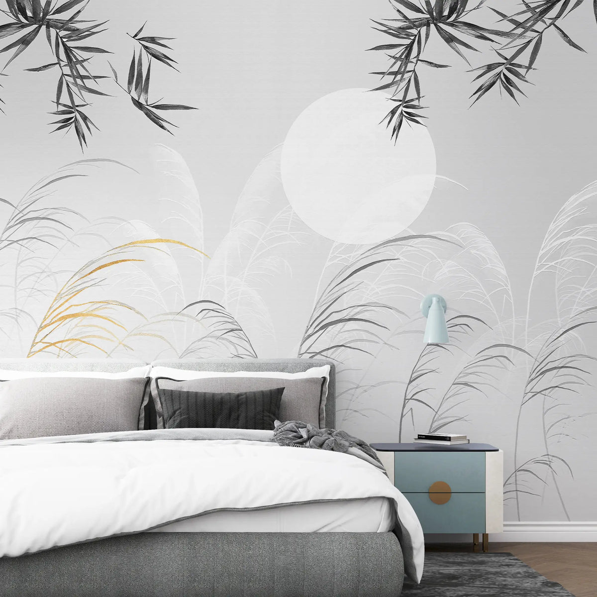 3259 / Serene Grasses and Bamboo Wallpaper, Golden Accents Wall Mural, Monochrome Nature Design, Subtle Moonlit Landscape - Artevella