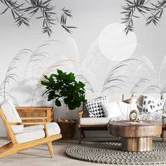 3259 / Serene Grasses and Bamboo Wallpaper, Golden Accents Wall Mural, Monochrome Nature Design, Subtle Moonlit Landscape - Artevella