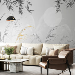 3259 / Serene Grasses and Bamboo Wallpaper, Golden Accents Wall Mural, Monochrome Nature Design, Subtle Moonlit Landscape - Artevella